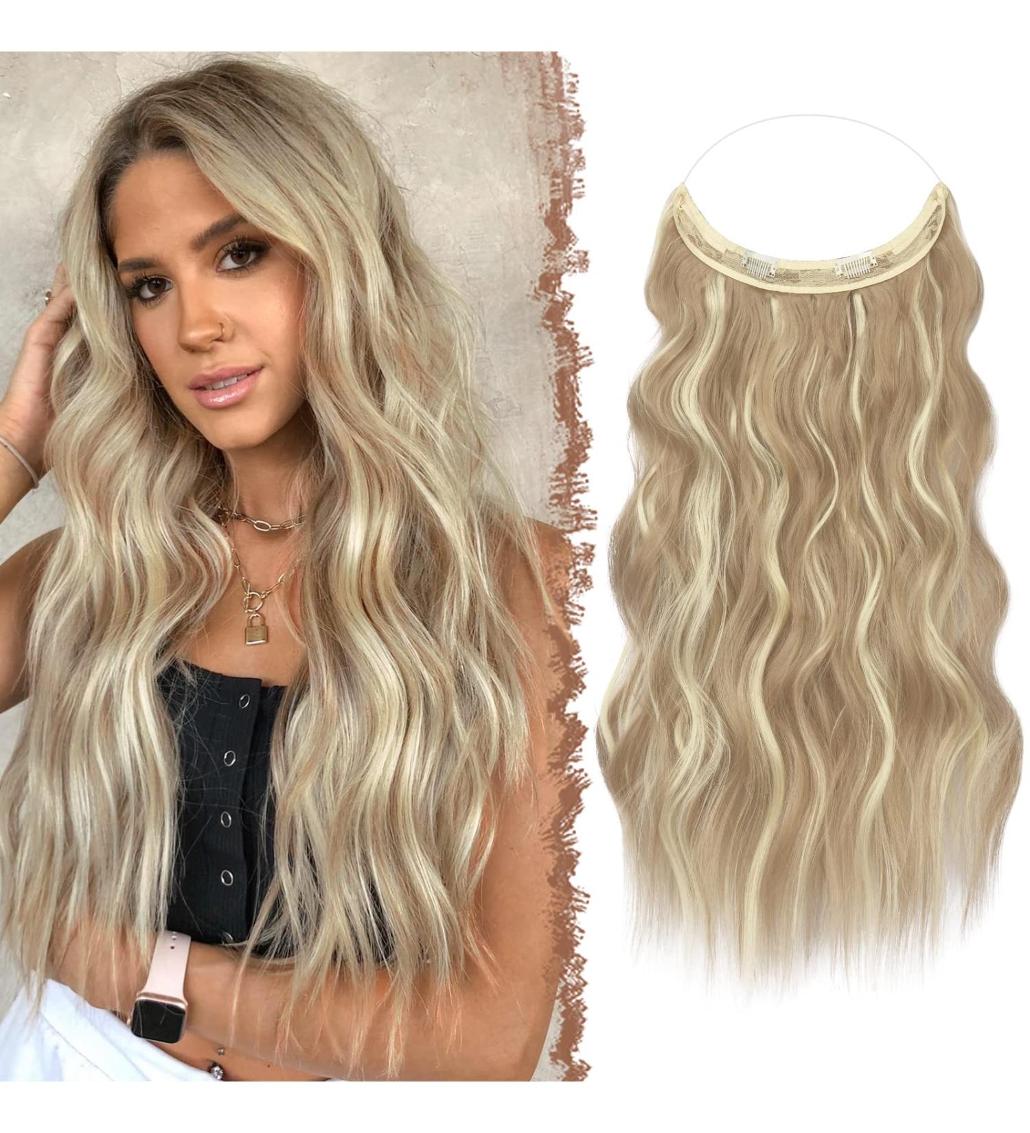 Invisible Wire Hair Extensions - Adjustable Size with Clips - Long Wavy Synthetic Hairpiece - 16 Inch Dark Ash Blonde Mixed Bleach Blonde - Buy Online on GoSupps.com