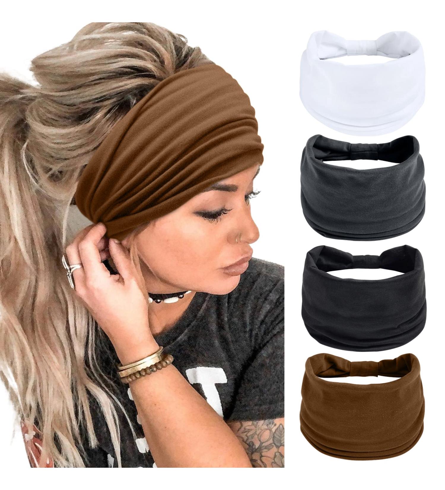 Black Wide Headbands for Women - Stylish Boho Hair Wraps - Pack of 4 Large Hairbands for Sport & Yoga - African-Inspired Turban Headband Accessories - Buy Online on GoSupps.com