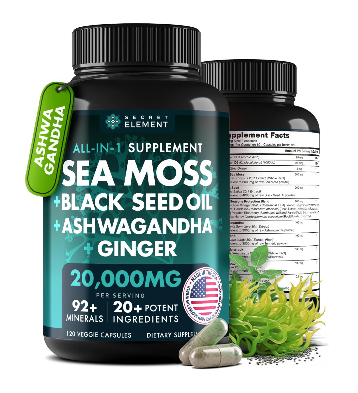 Secret Element Irish Sea Moss Black Seed Oil Ashwagandha Ginger 20 000mg Capsules Seamoss Black Seed Oil Ashwagandha Burdock Root All in One Supplement 120 Capsules 120 Count (Pack of 1) - Buy Online on GoSupps.com