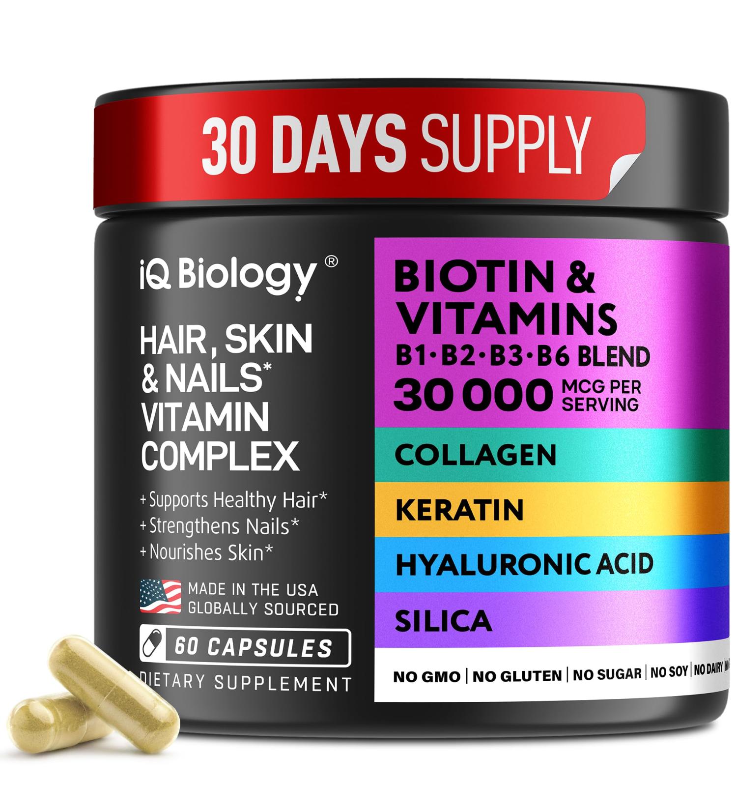 Biotin for Hair Growth Women & Men with Keratin Collagen Complex 30000 mcg - Capsules for Hair Loss & Stronger Thickness - Skin & Nails Vitamins Biotin 10000mcg and Collagen Supplements - 60 Pills 60 Count (Pack of 1) - Buy Online on GoSupps.com