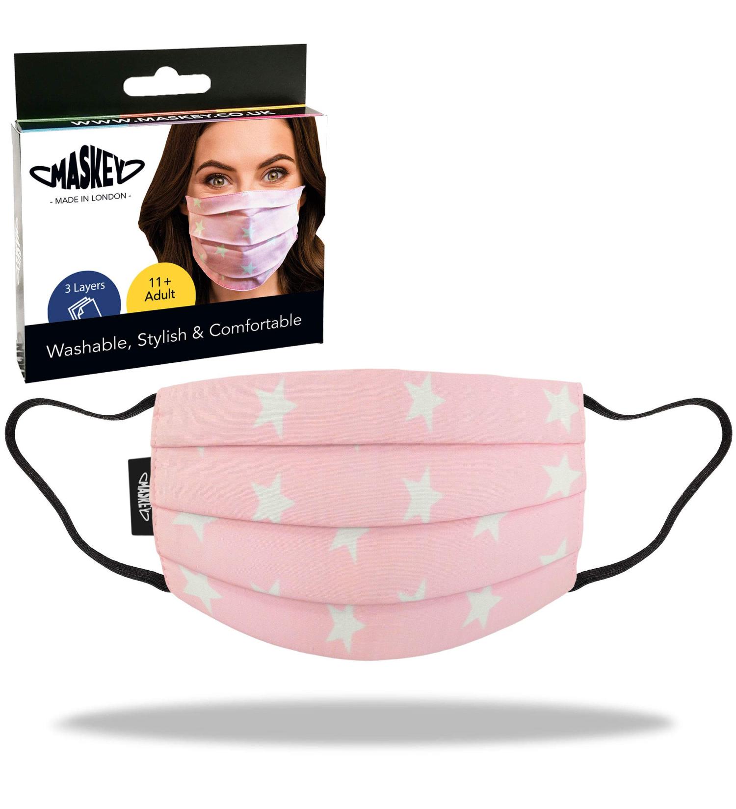 Washable 3-Layer Pink Cotton Face Mask | Made in UK | White Stars | Washable Over 100 Times - Buy Online on GoSupps.com