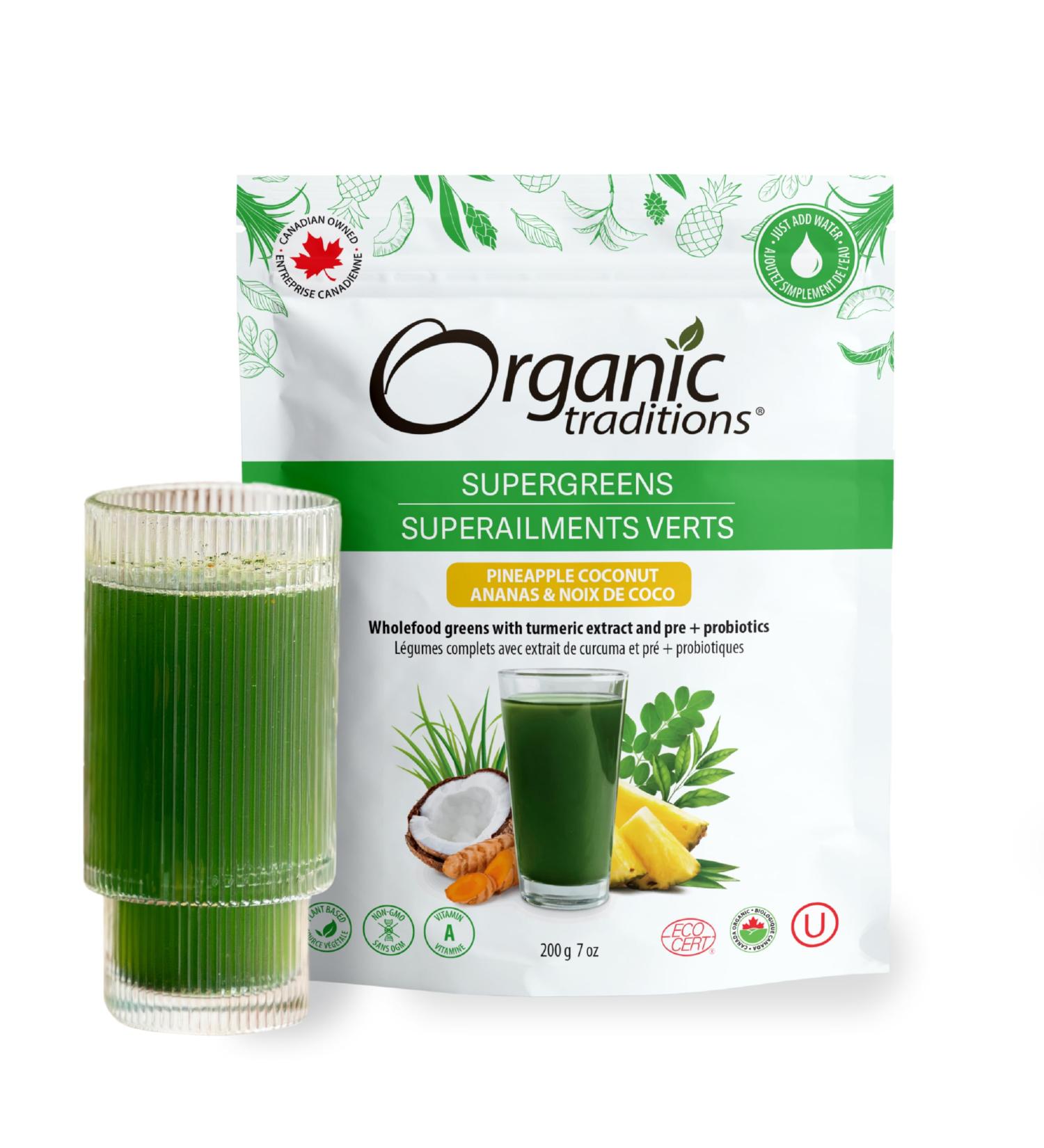 Organic Traditions Super Greens Superfood Powder with Turmeric Pineapple Coconut Flavour Organic Greens Powder Smoothie Booster 200g/7oz Bag Pineapple Coconut 200 g (Pack of 1) - Buy Online on GoSupps.com