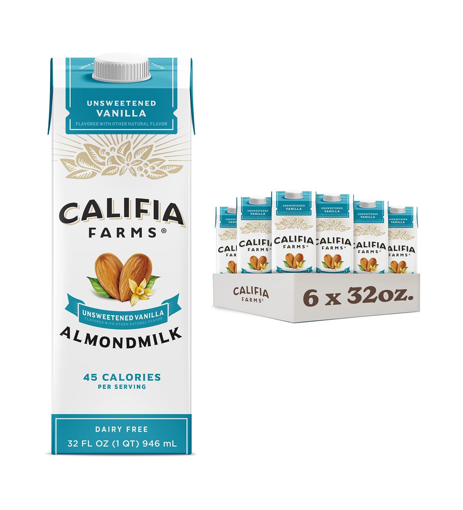 Califia Farms Unsweetened Vanilla Almond Milk 32oz (Pack of 6) | Dairy-Free, Vegan, Keto, Plant-Based | Shelf Stable, High Calcium, Non-GMO, Sugar-Free | Ideal for Smoothies - Buy Online on GoSupps.com