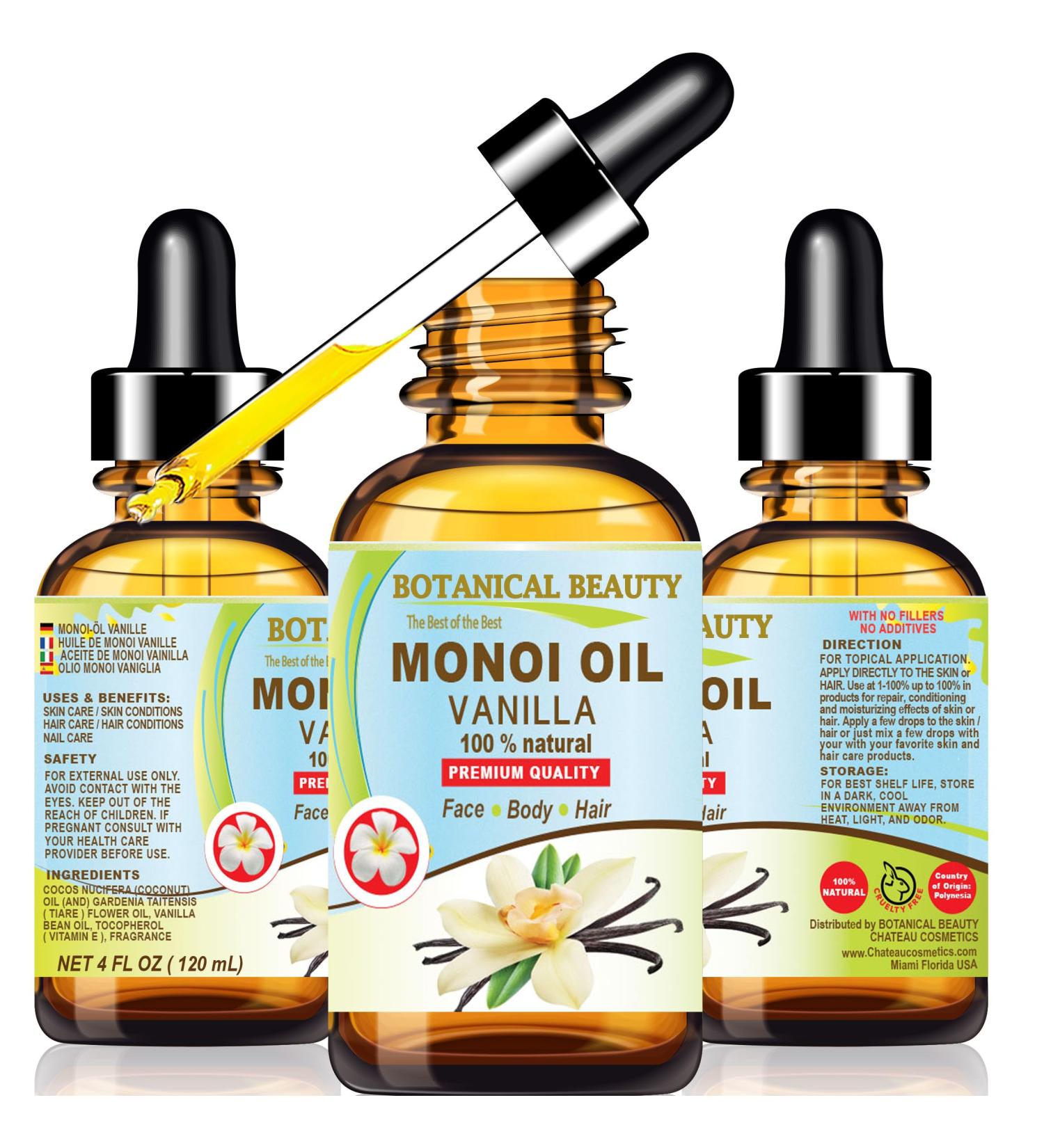 Botanical Beauty MONOI OIL VANILLA - Tiare flowers in Coconut Oil and Vanilla Bean Oil 100% Natural 4 Fl.oz - 120 ml Pure for FACE SKIN BODY HAIR NAILS - Buy Online on GoSupps.com