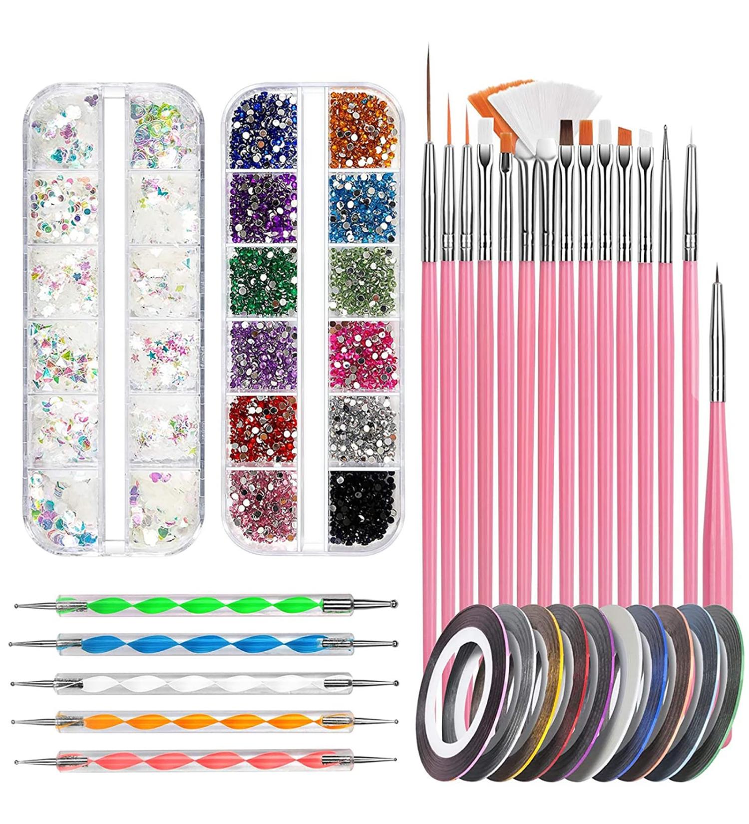 15-Piece Nail Art Brush Set - Gel Nail Brushes Dotted Pens Rhinestones & Nail Strips for Stunning Designs | International Shipping Available - Buy Online on GoSupps.com