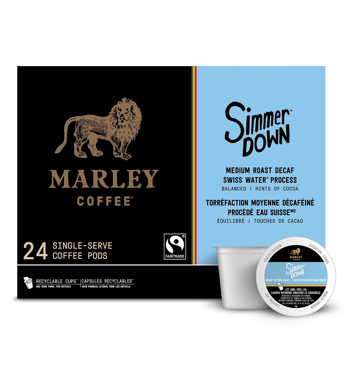 Marley Coffee Single Serve K-Cup Compatible Capsules Simmer Down Decaf Swiss Water Process Medium Roast 24 Count - Buy Online on GoSupps.com