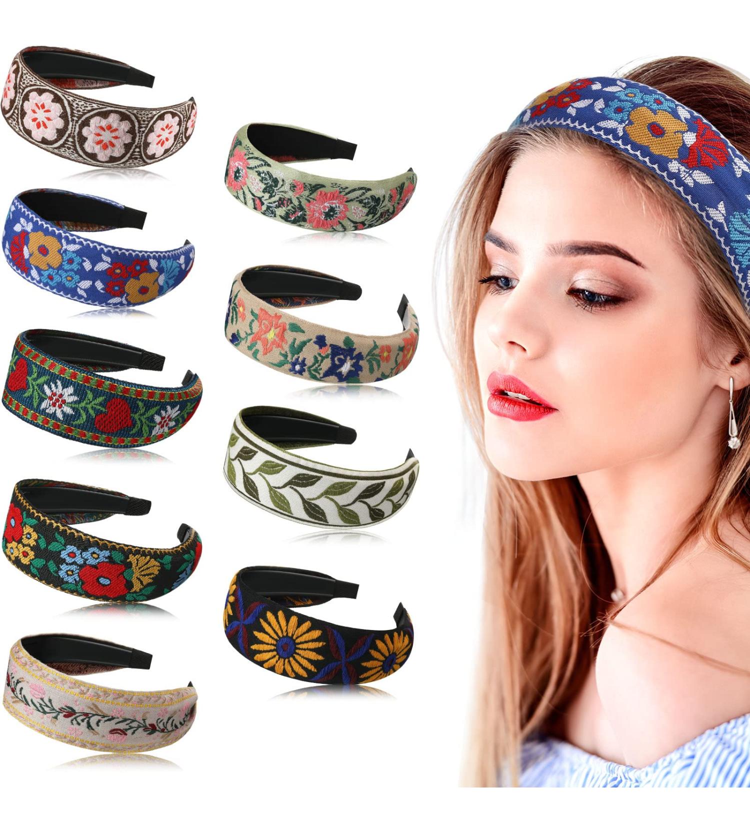Boho Embroidery Headband Set - 9 Handmade Wide Headbands for Women | Vintage Ethnic Style Hair Accessories - Buy Online on GoSupps.com