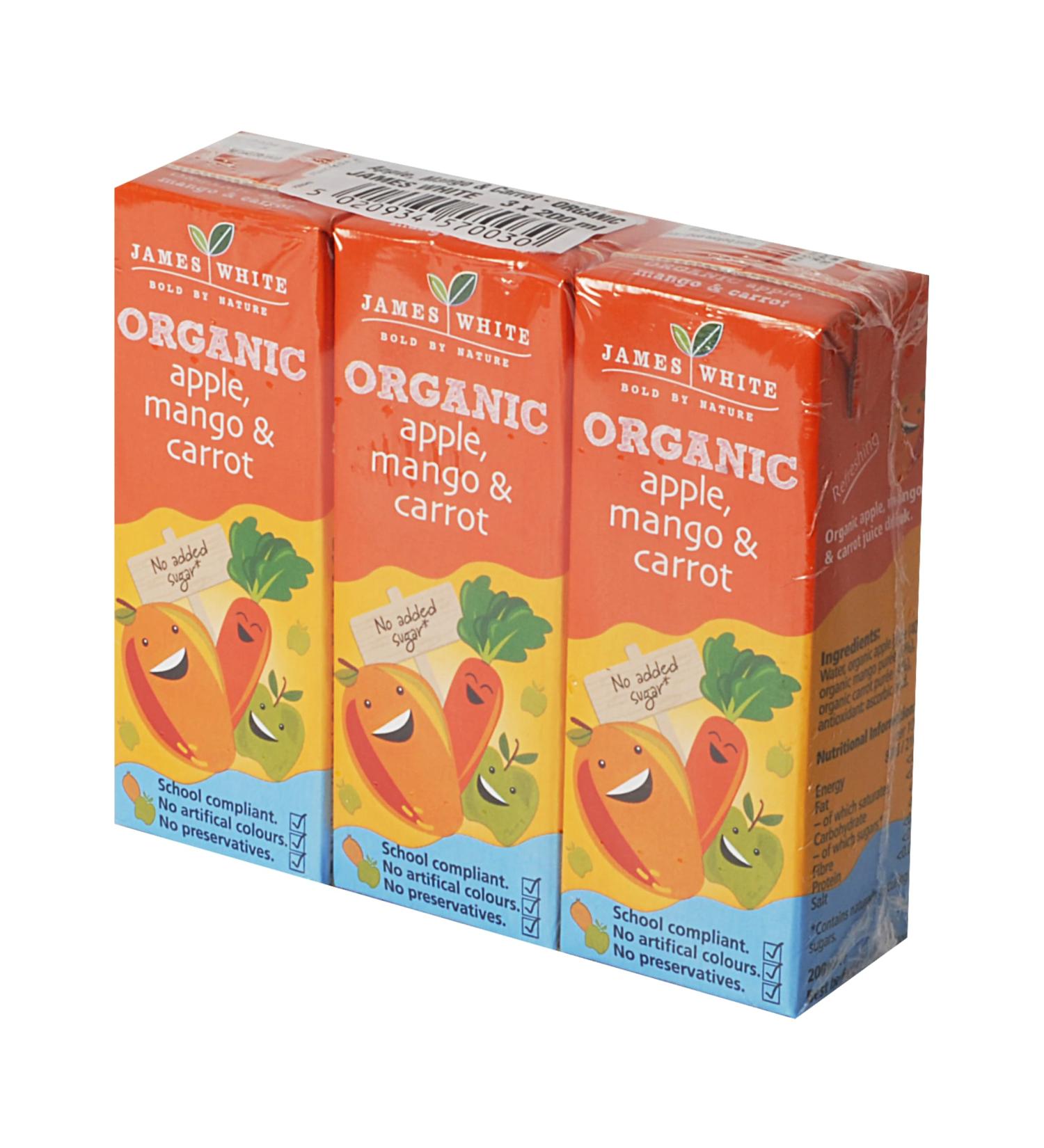 James White Kids Organic Apple Mango & Carrot Juicy Drink with Water 24 x 200ml Juice Cartons School Approved No Added Sugar Vegan Ideal for Kids Lunchbox Mango+Carrot - Buy Online on GoSupps.com