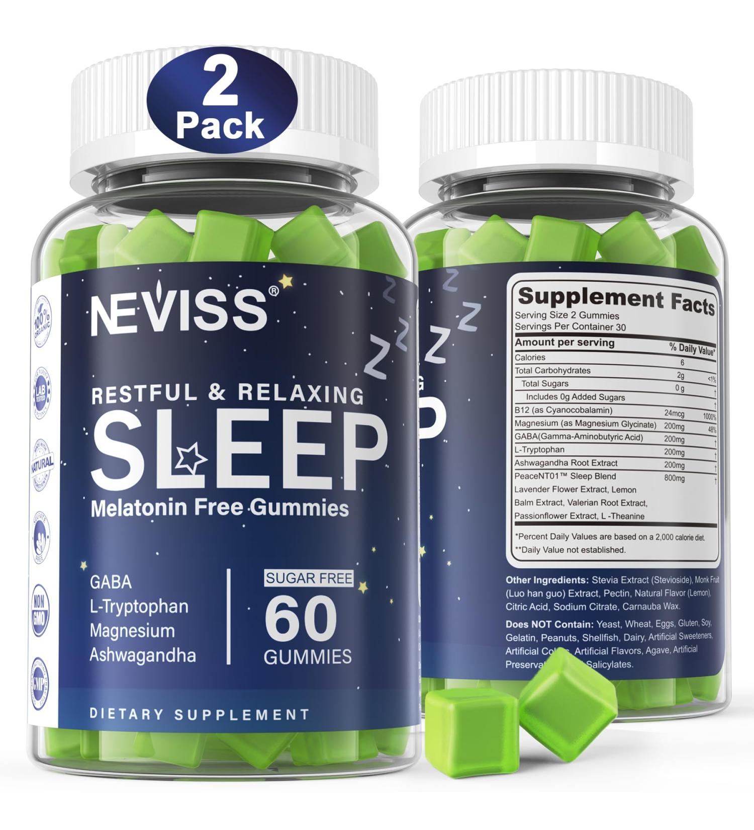 NEVISS Melatonin Free Sleep Aid Gummies for Adults - Magnesium Glycinate Gummies | GABA, L-Tryptophan, Magnesium, Ashwagandha - Non-Habit Forming, Help for Deep Relaxation - Vegan, Lemon Flavor, 2Pack 2 Pack - Buy Online on GoSupps.com