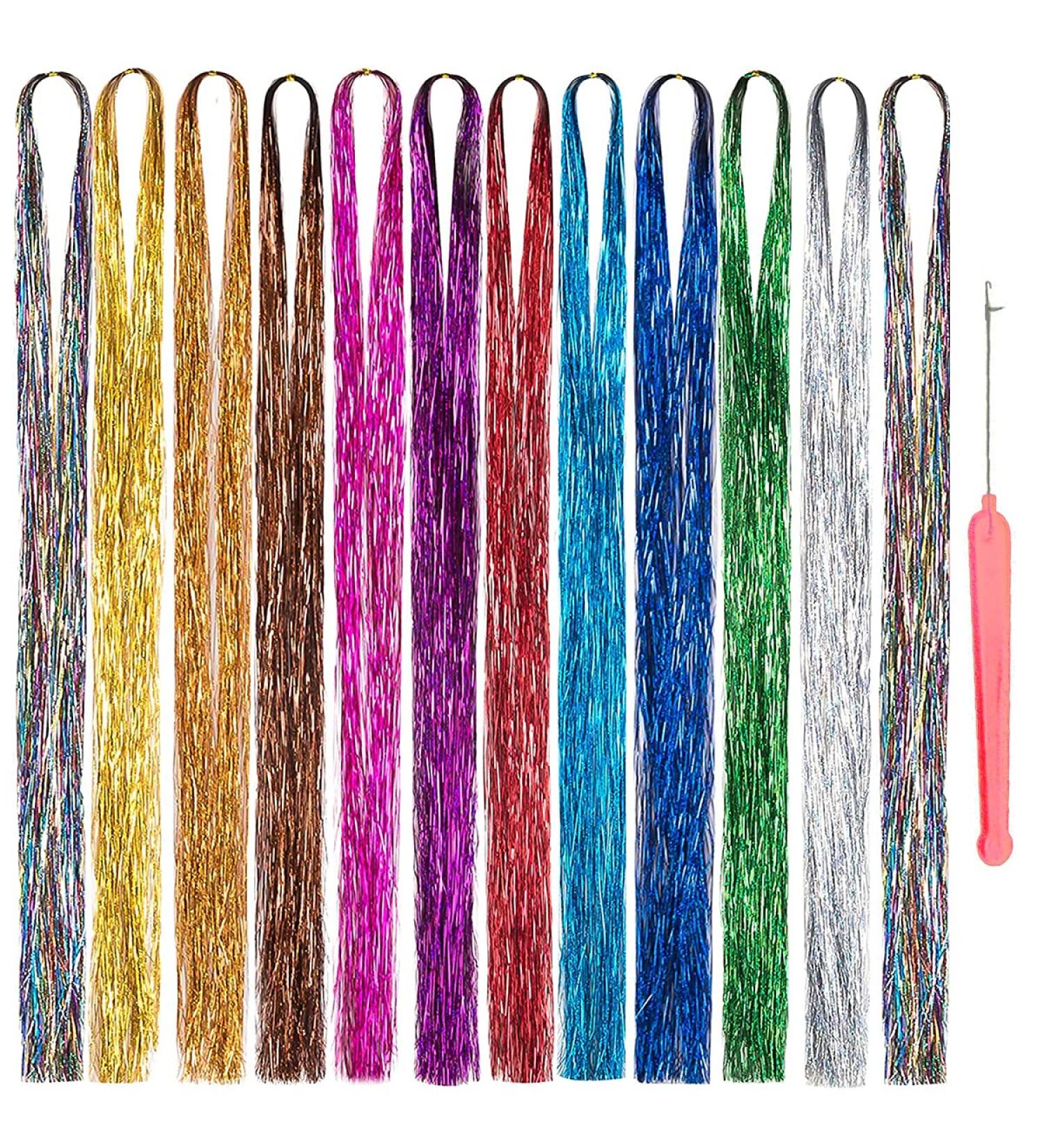 12 Colors Hair Tinsel Kit - 44 Inches Sparkling Fairy Hair Extensions with Tool - 2400+ Strands Glitter Shiny Hair Glitter - Buy Online on GoSupps.com