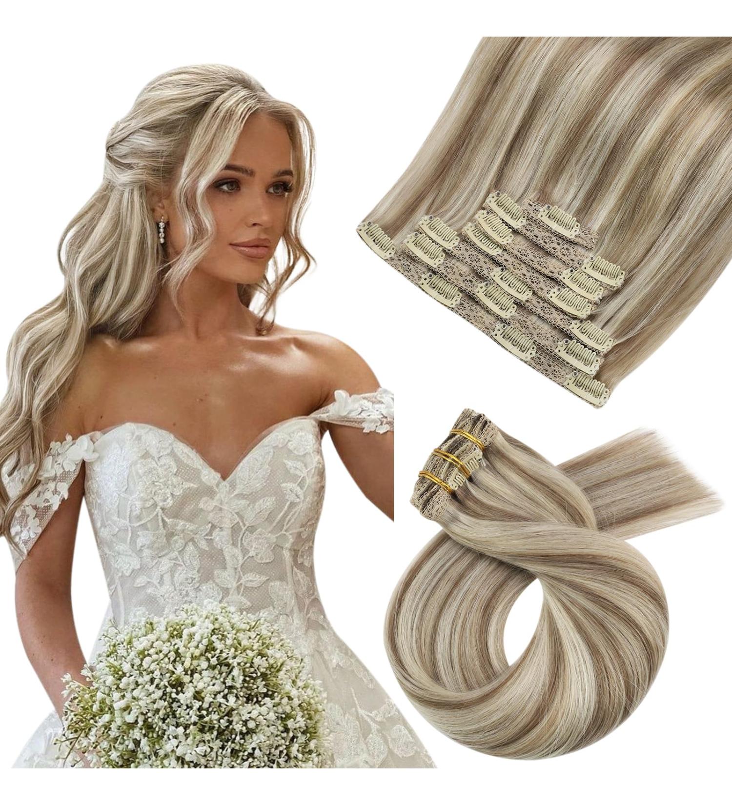 Moresoo Light Brown & Platinum Blonde Clip in Hair Extensions - 24 Inch Real Human Hair, 7 Pieces/120g - #9A/60 - Buy Online on GoSupps.com