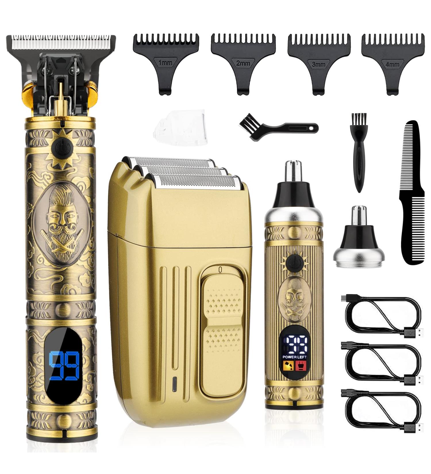 Saoilli Professional Hair Trimmer Set - Cordless Barber Clippers for Men - T-Blade Beard Trimmer & Nose Hair Trimmer - Electric Shaver Razor for Hair Cutting & Grooming - Bronze - Buy Online on GoSupps.com
