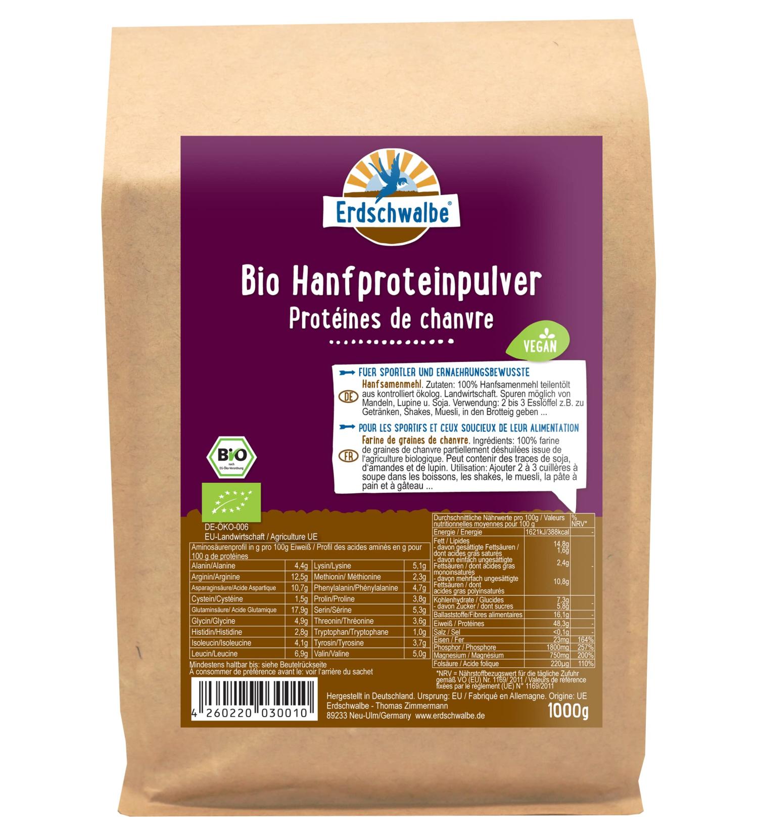 Erdschwalbe Organic Hemp Protein - Vegan Protein Powder 1 Kg | High Protein Nutrient-Rich International Shipping - Buy Online on GoSupps.com