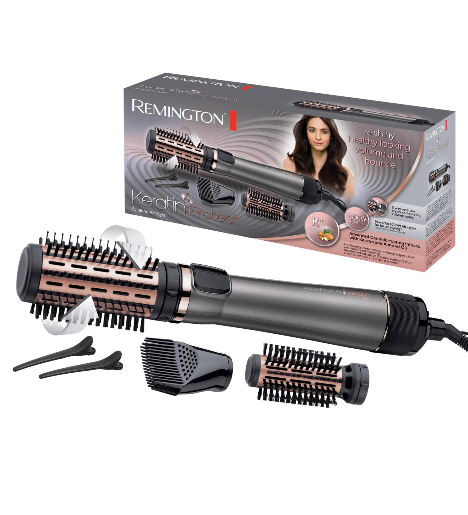 Remington AS8811 Rotating Warm Air Brush with Keratin Protect - Includes 2 Round Brushes Hair Clips & Ceramic Coating for Volume | International Shipping Available - Buy Online on GoSupps.com