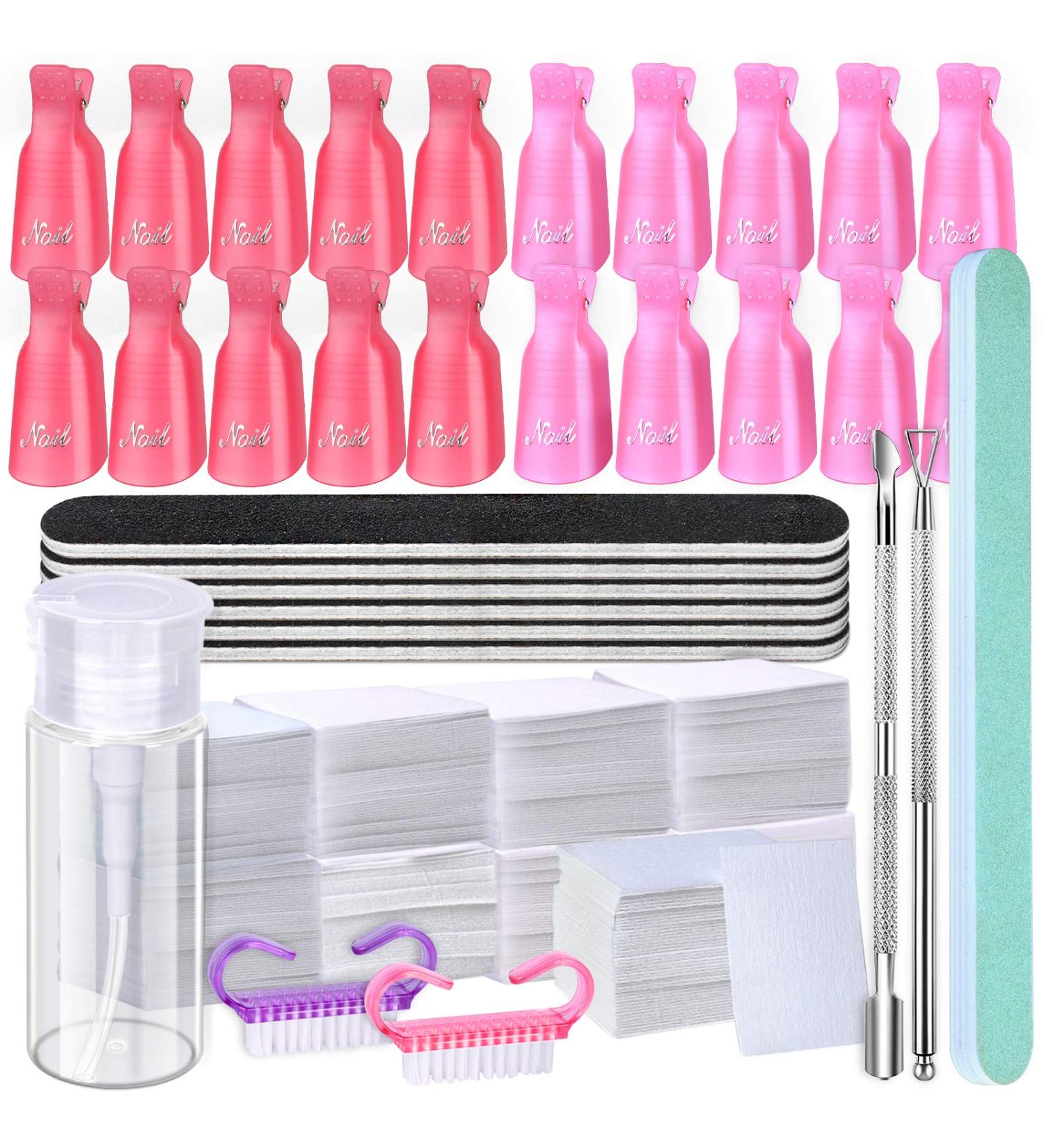 Gel Nail Polish Remover Kit - 20 Plastic Nail Clips, 550 Cotton Pads, 120ml Dispenser Bottle, 7 Nail File Grits, 2 Nail Brushes, 2 Cuticle Pushers - Buy Online on GoSupps.com