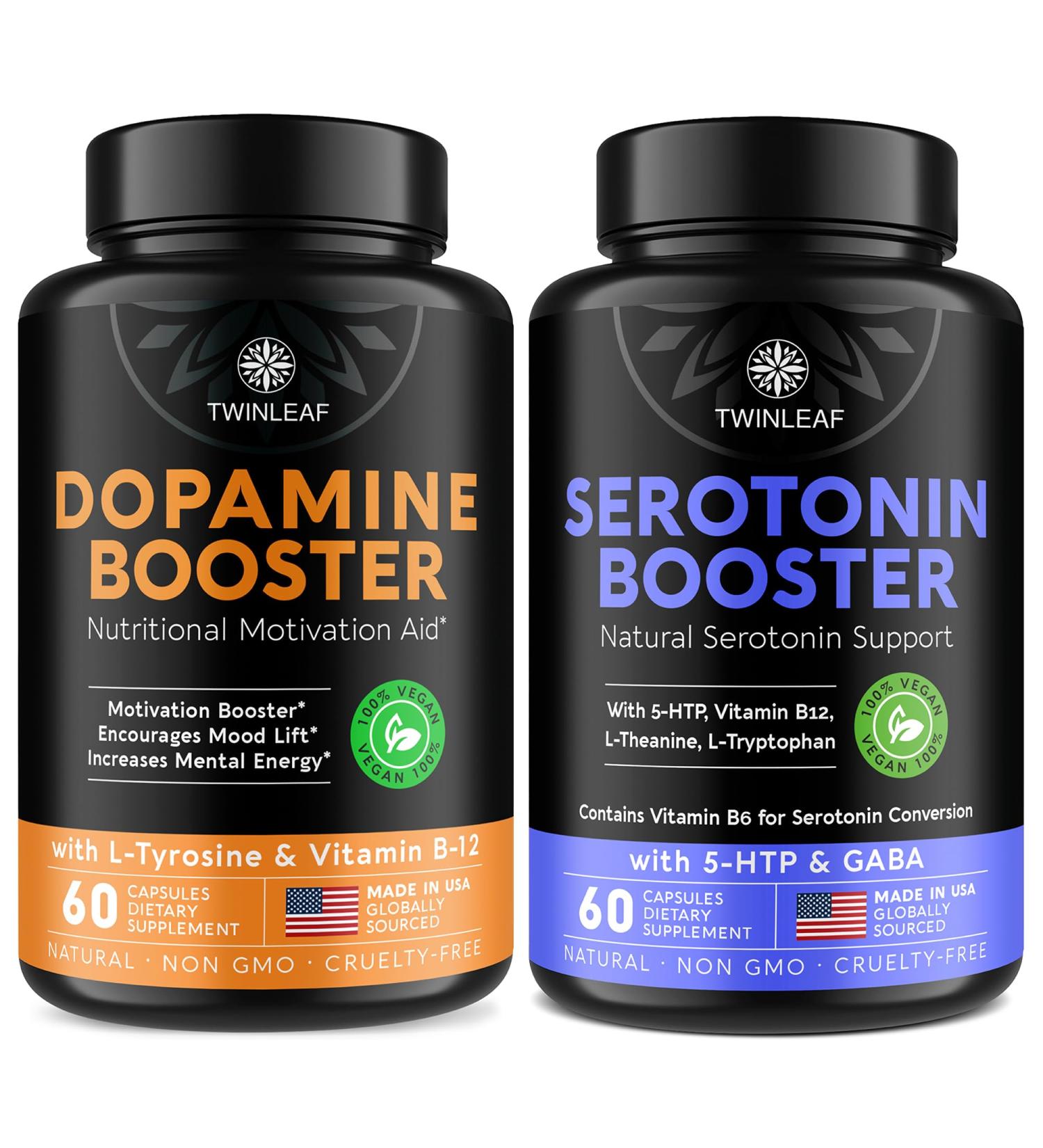 TWINLEAF Serotonin & Dopamine Support Bundle - 5HTP Vitamin B6 B12 GABA L-Tyrosine & L-Theanine for Mood & Mental Well-Being - 60 Capsules Each - Made in USA - Buy Online on GoSupps.com