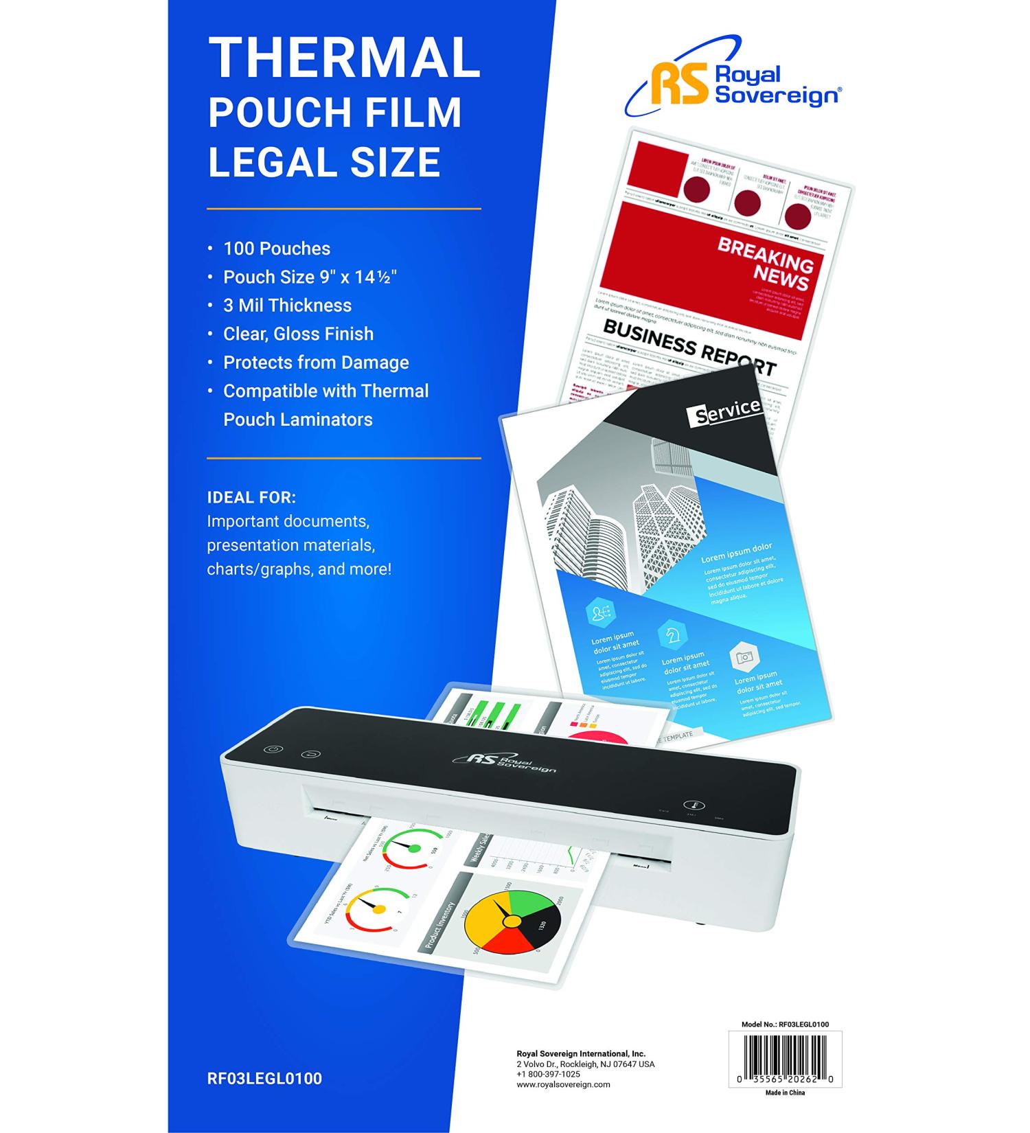 Royal Sovereign 3 Mil Laminating Pouches - Legal Size 14.25 x 8.75 Inches - Clear Gloss Finish - 100 Pouches - RF03LEGL0100 - Buy Online on GoSupps.com