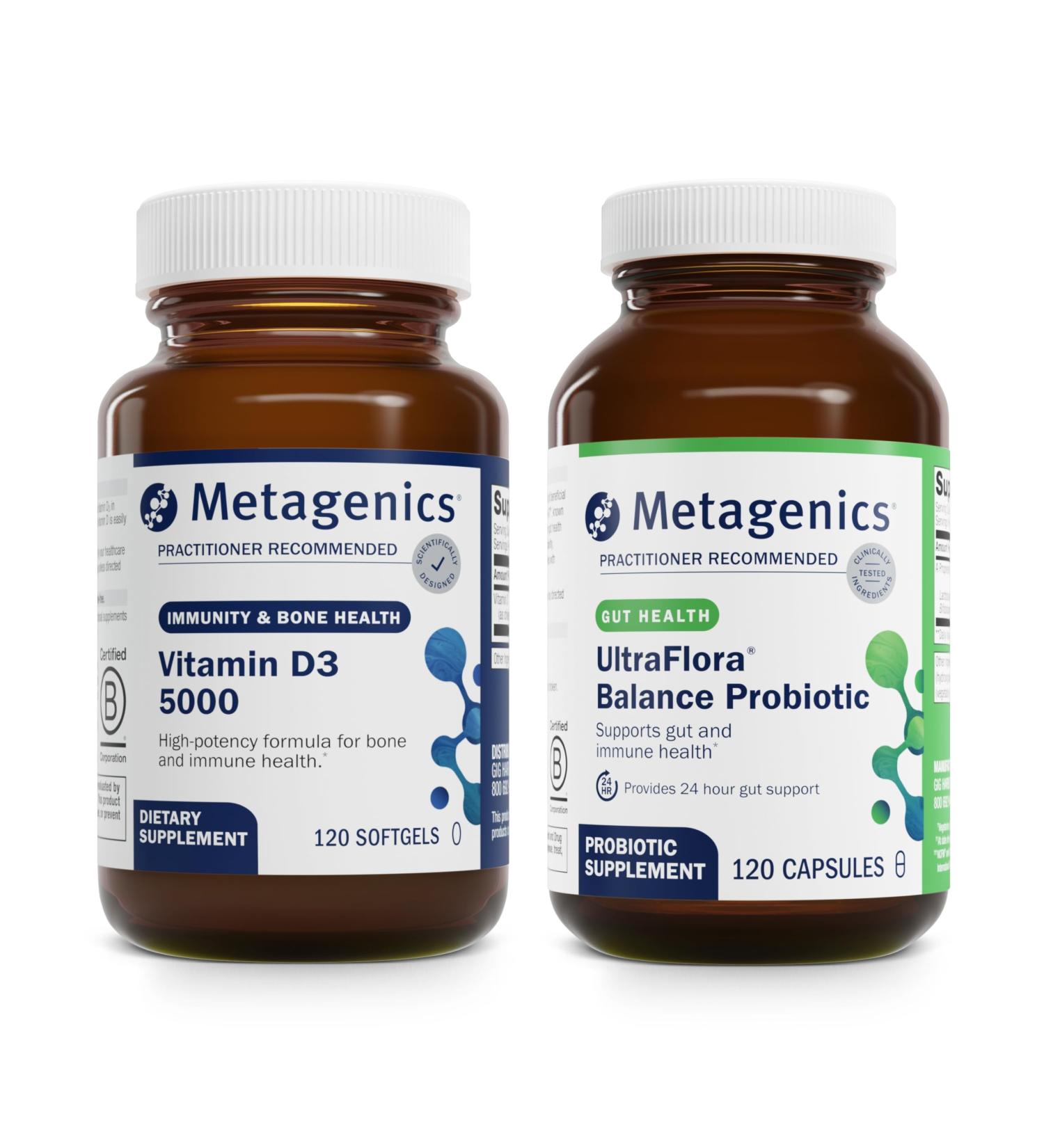 Metagenics Bundle - D3 5000 & UltraFlora Balance - 120 Softgels of D3 5000 for Immune Support Bone Health & Heart Health - 120 Capsules of UltraFlora Balance for Digestive Health - Buy Online on GoSupps.com