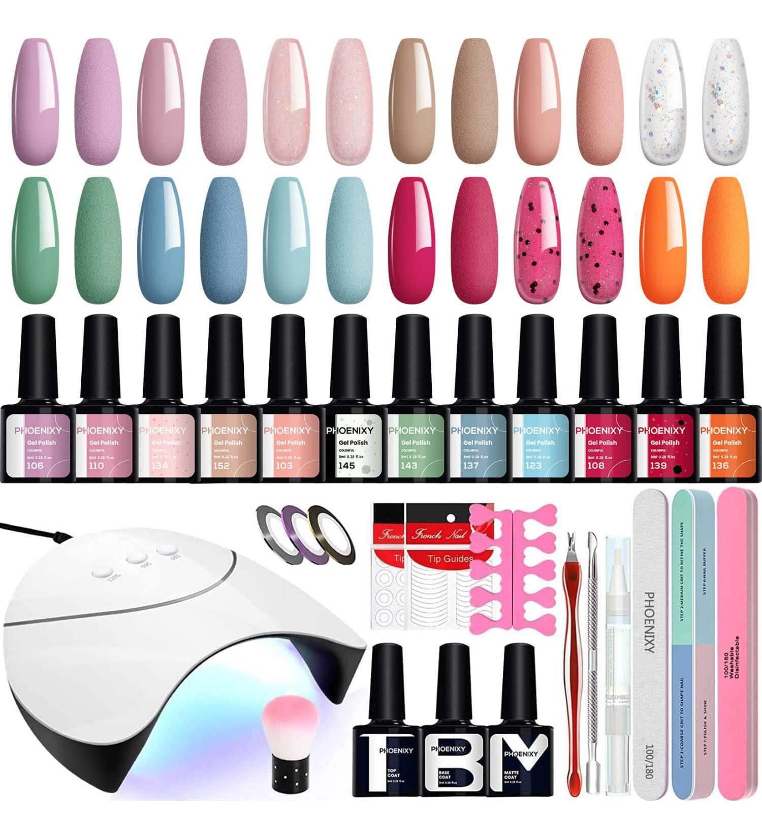 Phoenixy Gel Nail Polish Starter Kit - 12 Colors Soak Off Set with Nail Lamp, 8ml Gel Nail Kit Gift for Women - Light Coral and Blue Series - Buy Online on GoSupps.com