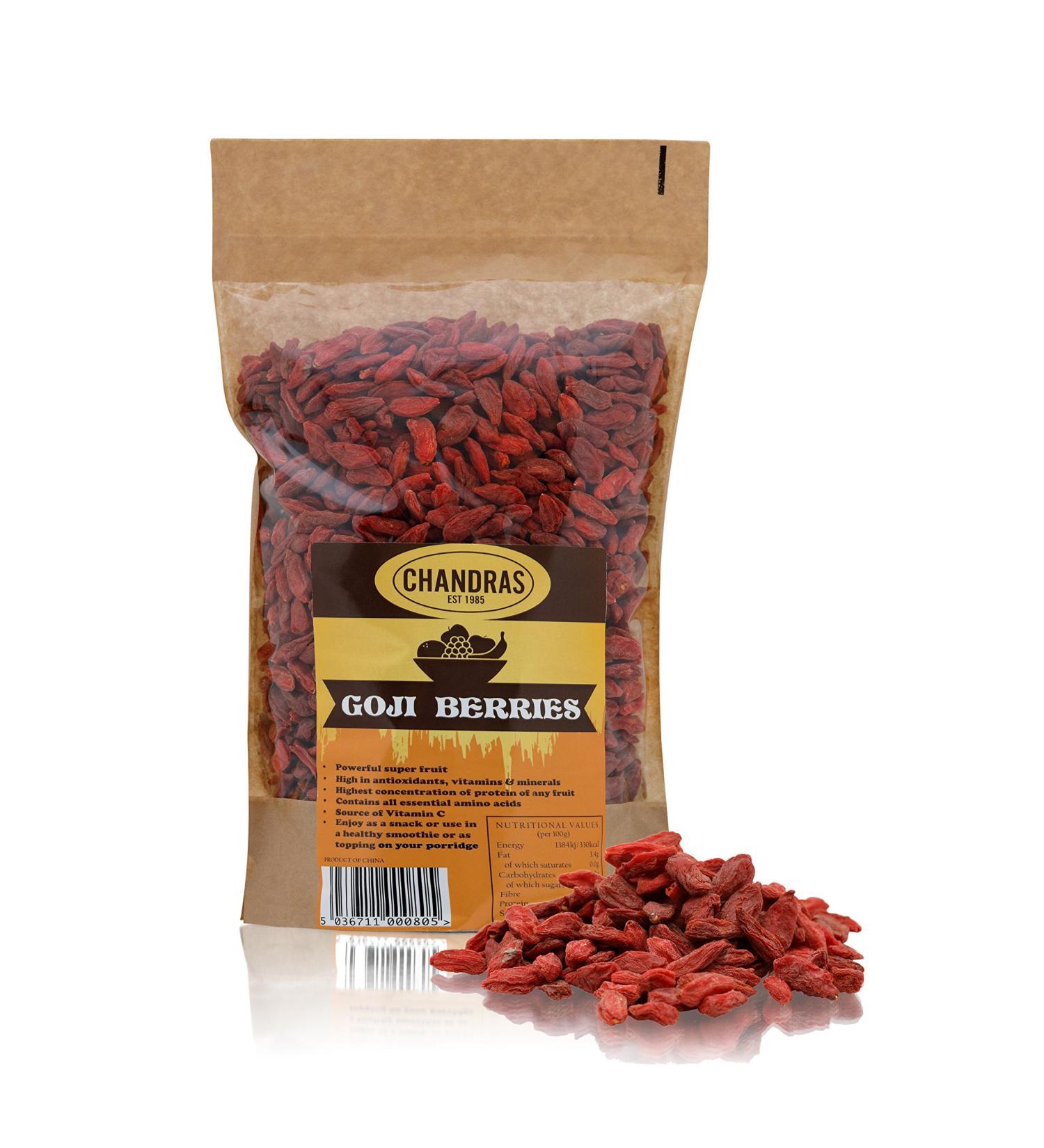 Chandra Whole Foods Goji Berries 1KG - Nutritious Super Fruit for Snacking, Smoothies, Baking & Cooking - Gluten-Free, Vegan-Friendly - Rich in Protein, Vitamins & Antioxidants - 1kg - Buy Online on GoSupps.com