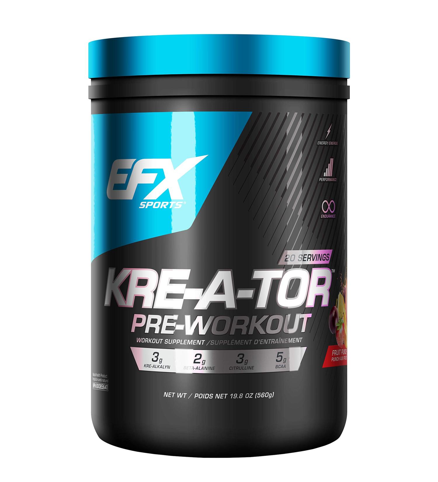 EFX Sports pre-workout Kre-A-Tor Fruit Punch 20 Servings with Kre-Alkalyn 560 gram