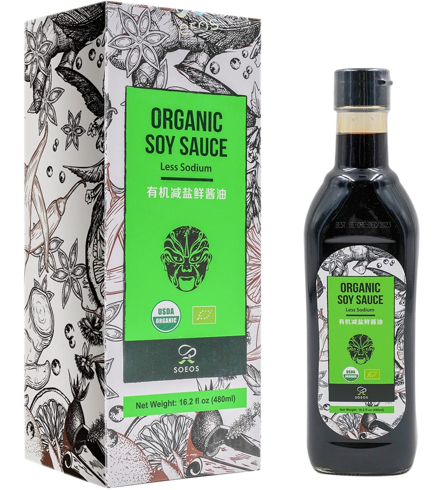 Soeos Organic Low Sodium Soy Sauce 16.2oz (480ml) - USDA Organic Dark Soy Sauce for Meat & Vegetables - Buy Online on GoSupps.com