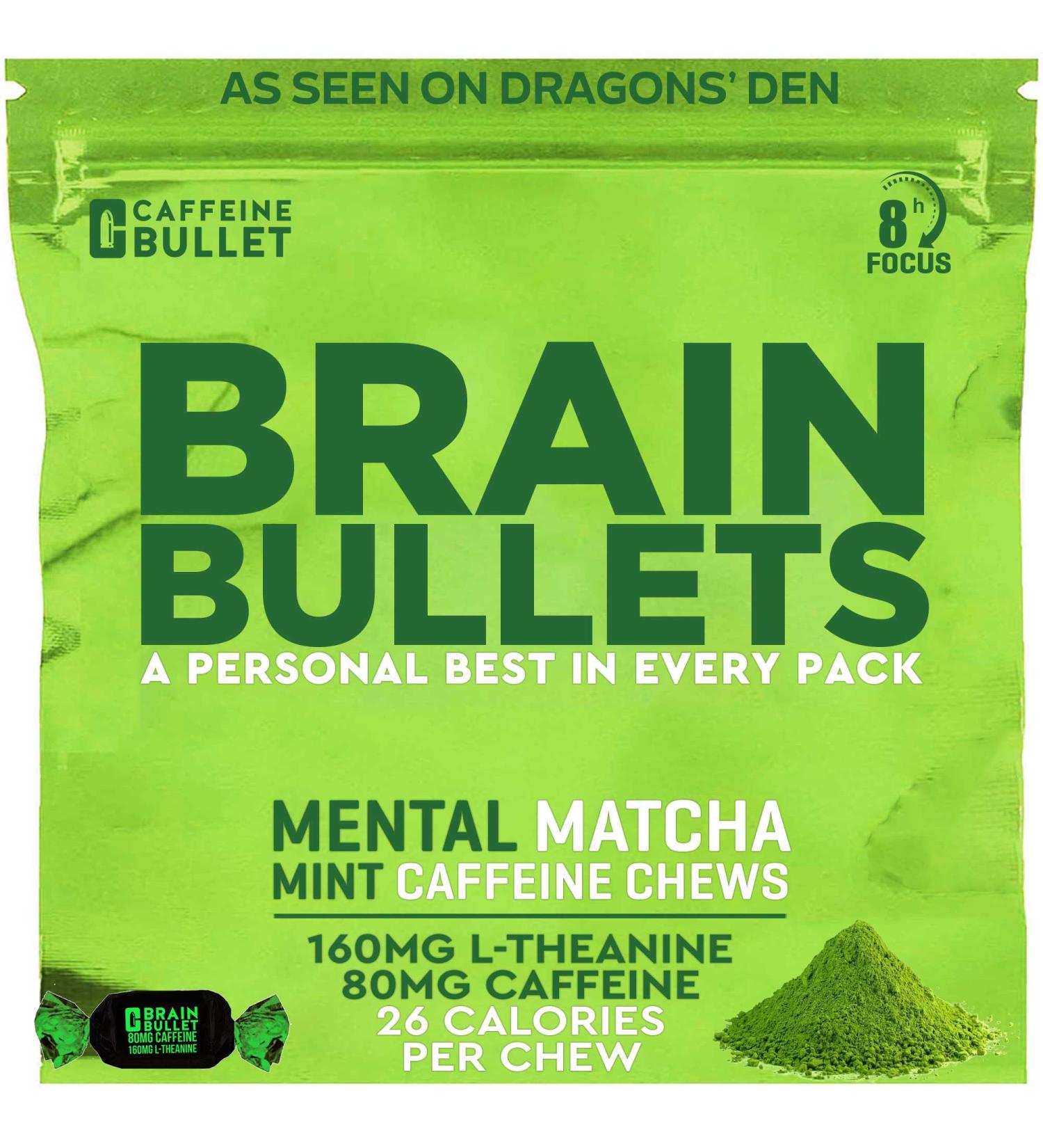 80mg Caffeine & 160mg L-Theanine Focus Enhancing Energy Chews (4 Servings) Neuroscience Backed Nootropic Stack Mental Acuity & Cognitive Support | Mint Matcha Flavor Brain Bullet 1 Packet - 4 Chews - Buy Online on GoSupps.com