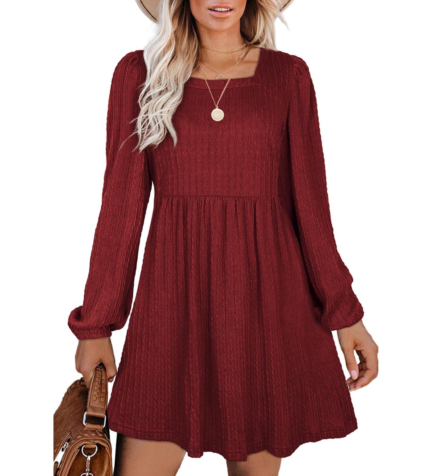 Aokosor Long Sleeve Red Knit Babydoll Dress - Square Neck Knee-Length Jumper - Buy Online on GoSupps.com