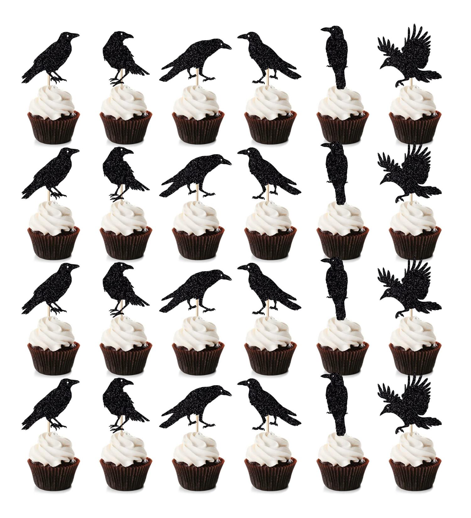 Leetaivie 24Pcs Black Glitter Crow Dessert Cupcake Toppers - Featured Halloween Themed Party Cake Topper (black) - Buy Online on GoSupps.com