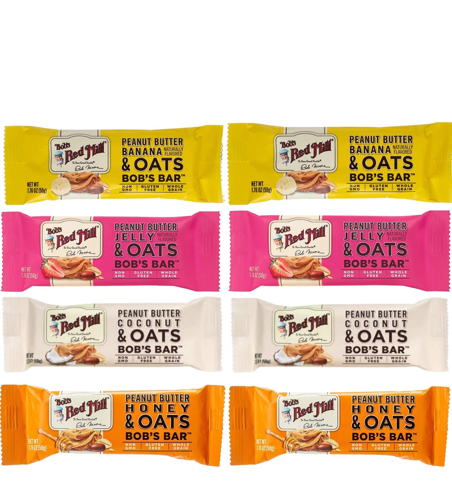 Bob's Red Mill Peanut Butter Coconut, Banana, Honey And Jelly Oat Bars 1.76 Oz., Two Of Each (8 Pack) 1.76 Ounce (Pack of 8)