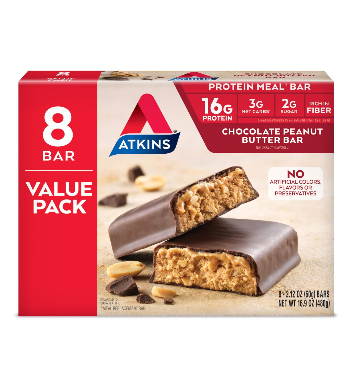 Atkins Chocolate Peanut Butter Protein Bars - Keto Friendly, High Fiber, Value Pack (8 Bars) - Buy Online on GoSupps.com