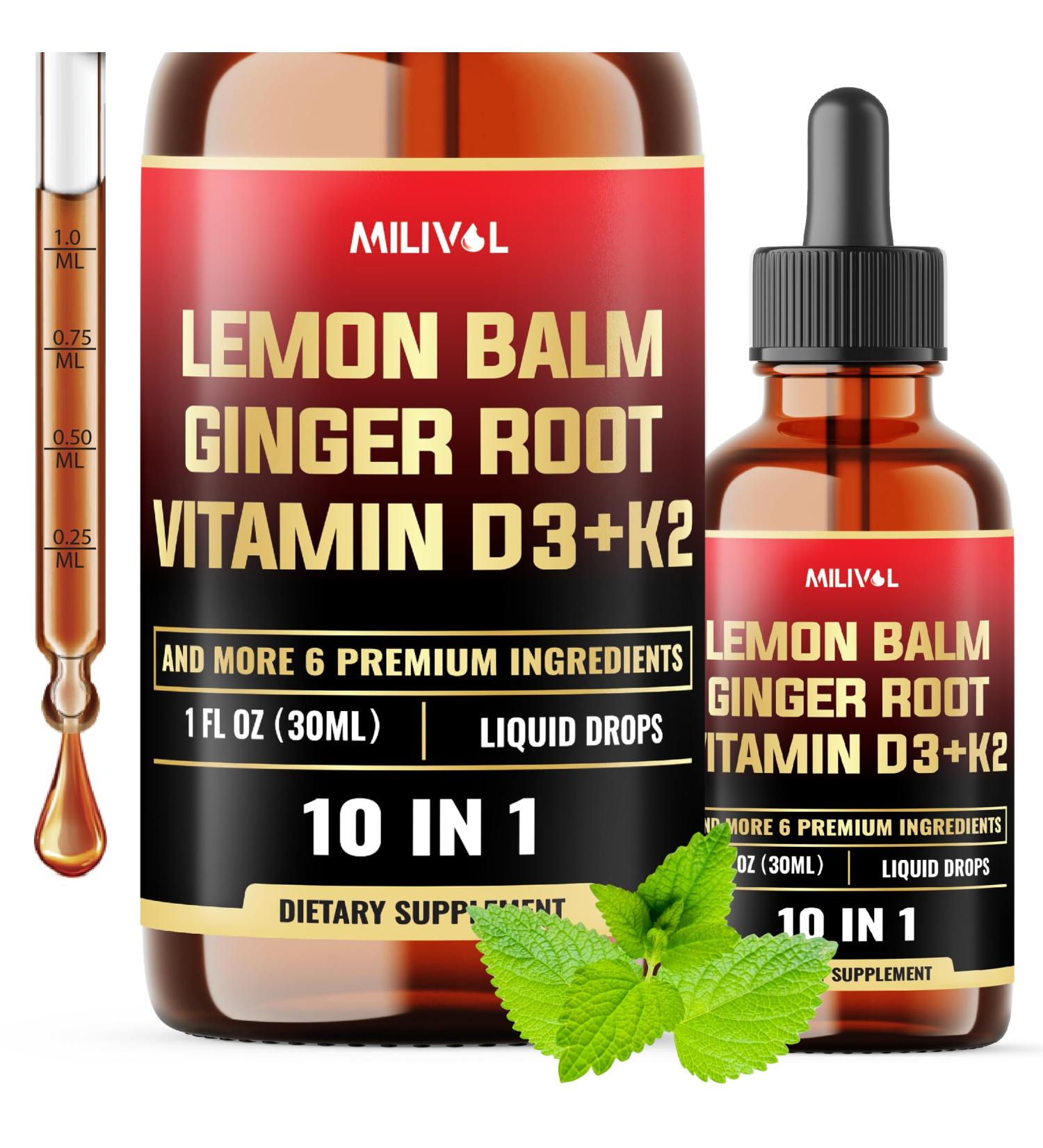 MILIVOL 10in1 Lemon Balm Tincture - 3300mg Lemon Balm Leaf Extract Liquid Drops with Ginger Root, Turmeric Liquid, Ceylon Cinnamon, Vitamin D3, K2-1Fl Oz - 60 Servings - Buy Online on GoSupps.com