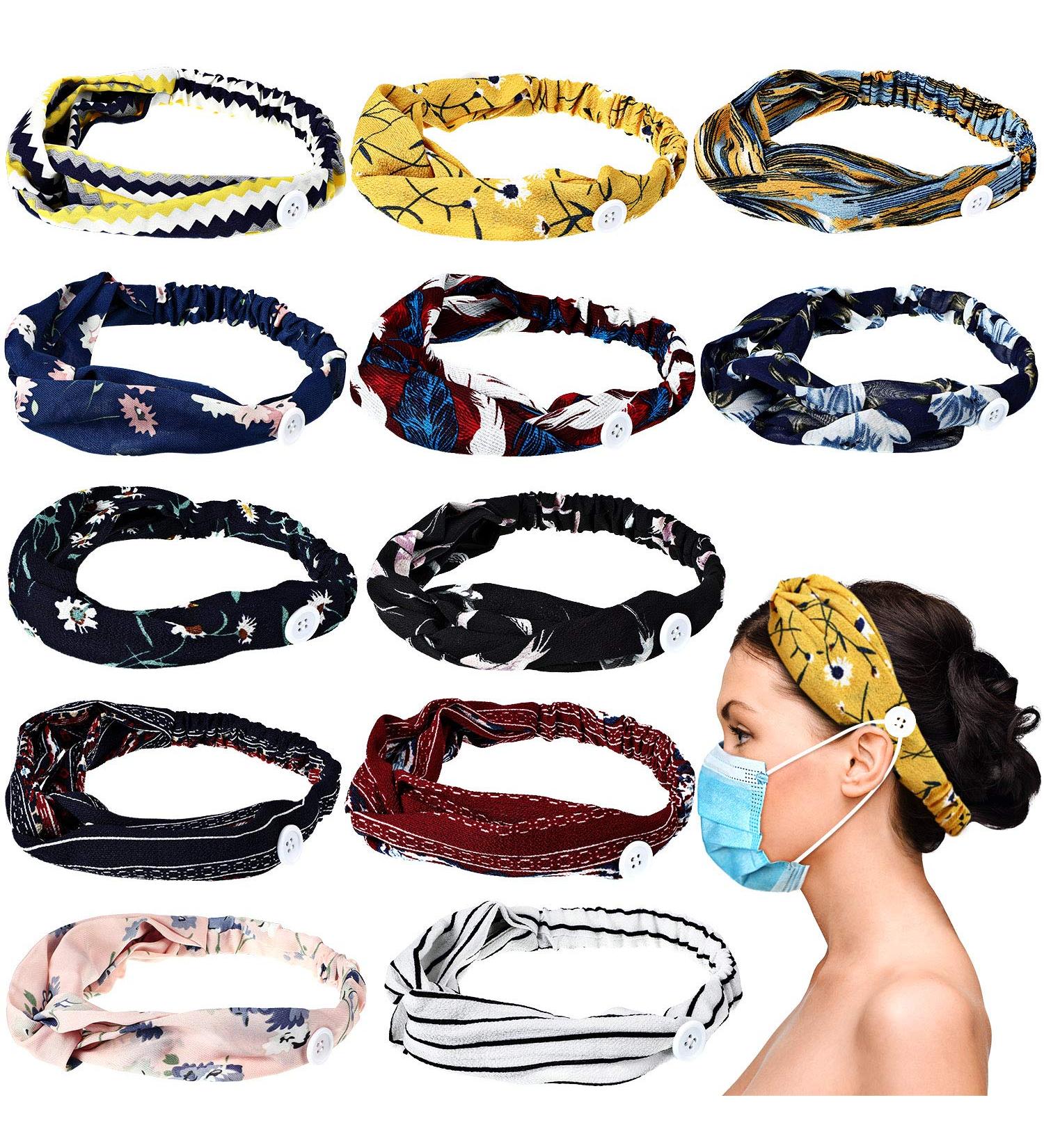 12-Piece Button Headbands for Mask | Boho Stretchy Cross Knotted Headbands for Women | Non-Slip Turban Headwrap for Nurses & Doctors - Buy Online on GoSupps.com