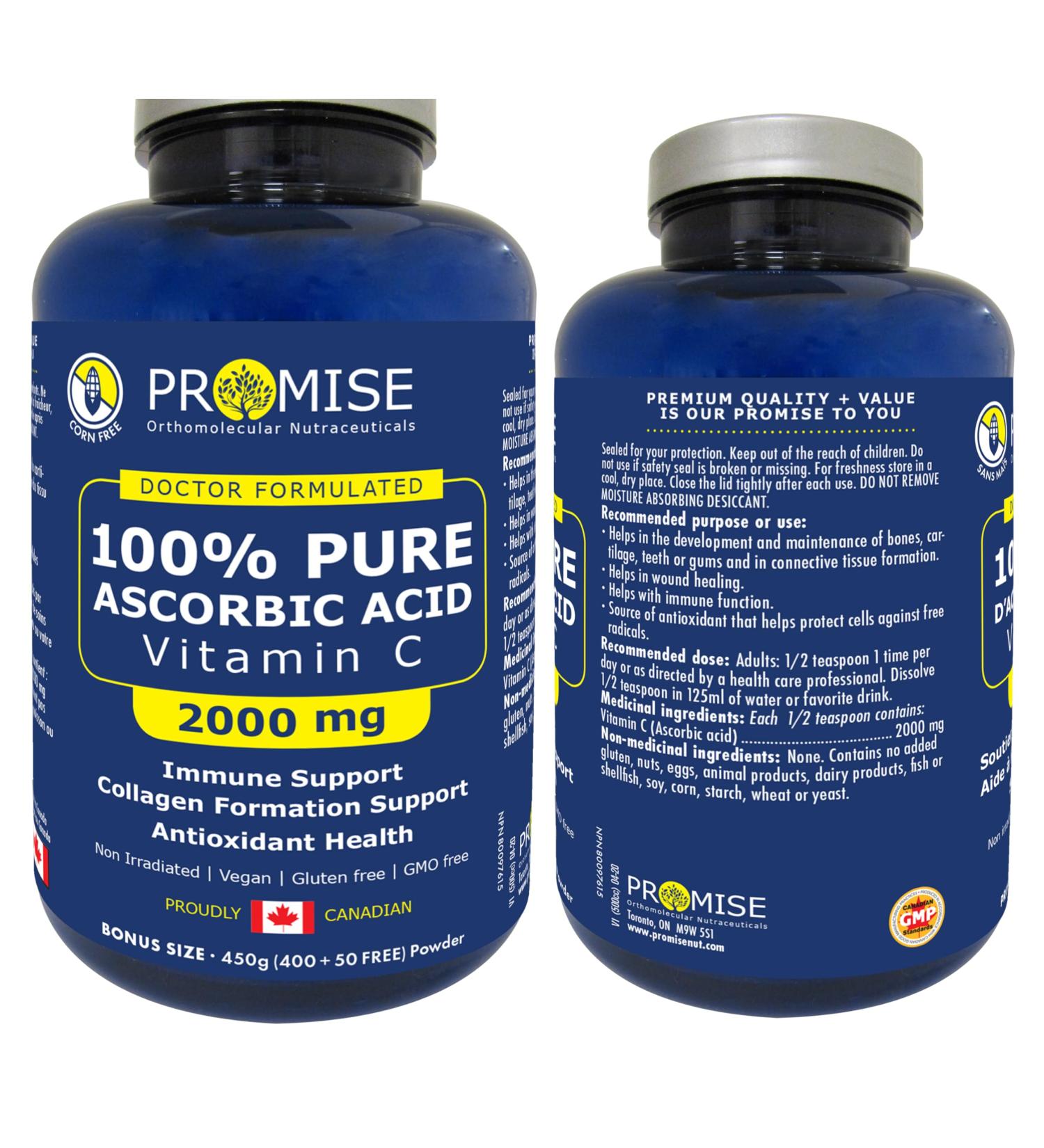 Promise 100% Pure Ascorbic Acid Vitamin C Powder 2000 mg of Vitamin C per Serving Unflavored Non-GMO Gluten-Free 450 grams - Buy Online on GoSupps.com