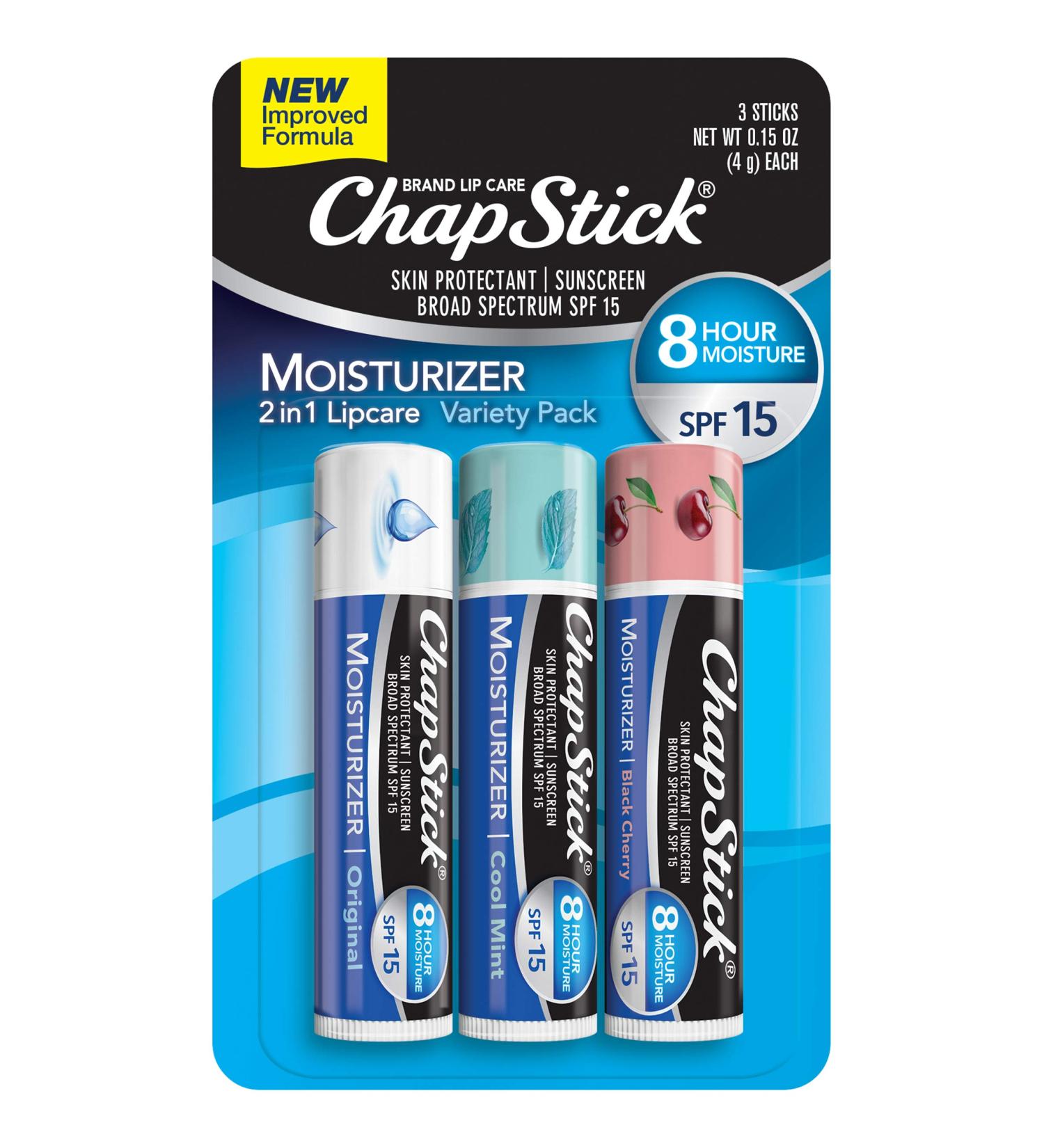 ChapStick Moisturizer Original Black Cherry & Cool Mint Lip Balm Variety Pack - SPF 15, Skin Protectant - 0.15oz (Pack of 3) - Buy Online on GoSupps.com