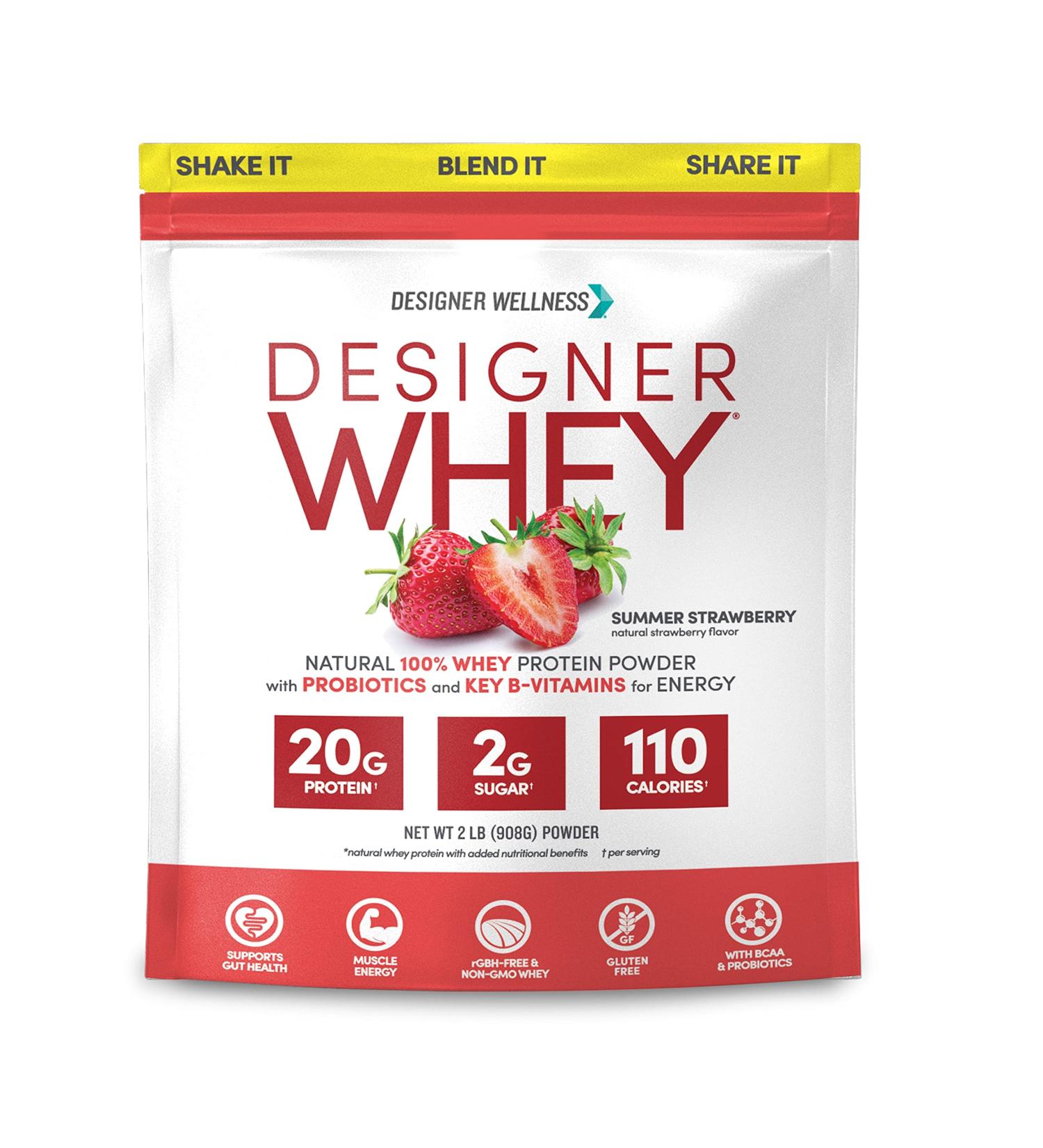 Designer Wellness 100% Whey Protein Powder - Natural, Gluten-Free, Probiotics, Fiber, B-Vitamins, Summer Strawberry, 2 lb - Buy Online on GoSupps.com