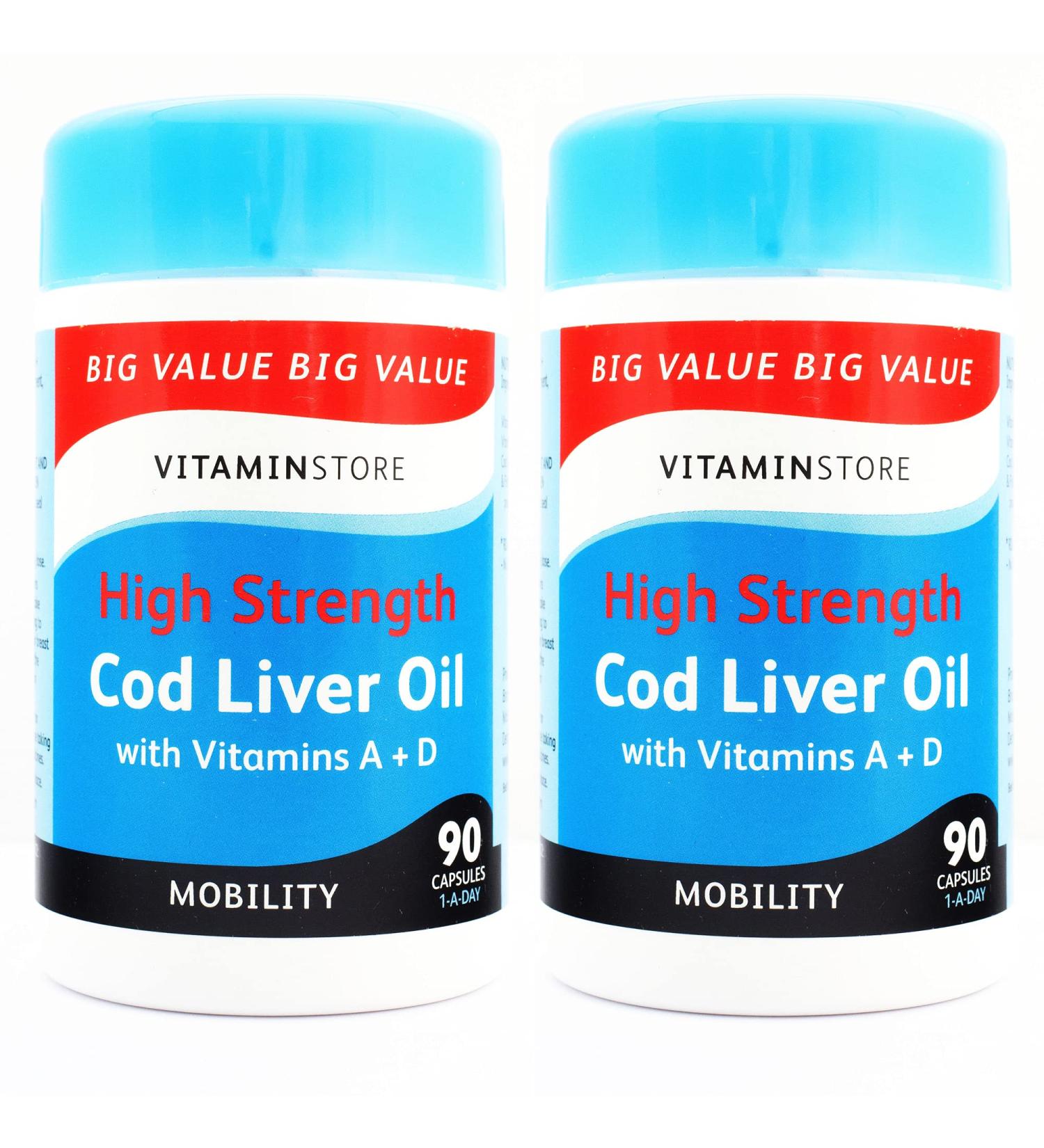 Vitamin Store Cod Liver Oil High Strength 1000mg with Vitamins A & D 90 Capsules per Tub Pack of 2 Tubs 6 Months Supply - Buy Online on GoSupps.com