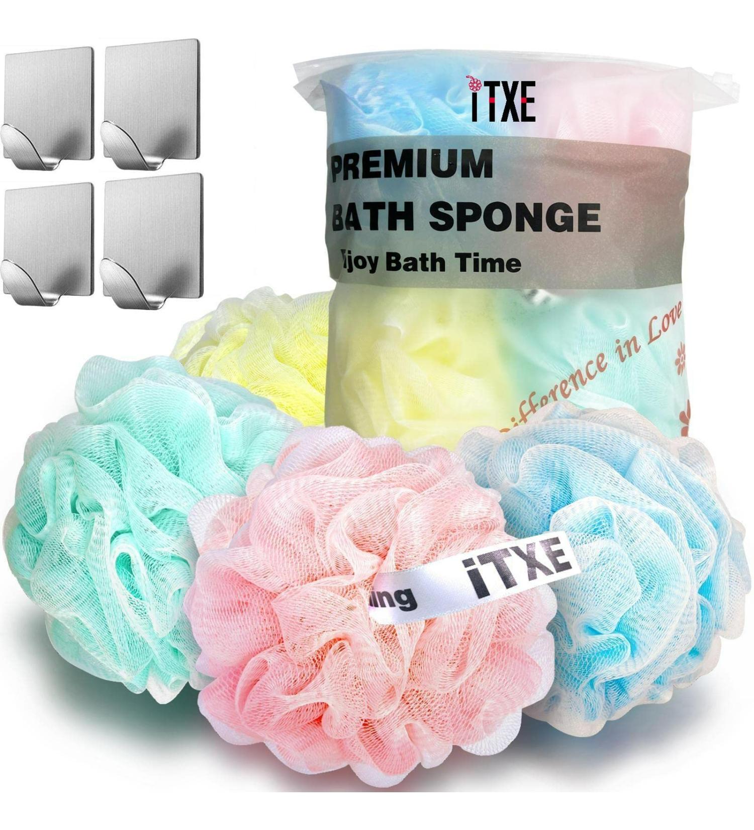 Premium Bath Sponge Shower Scrubber 4 Pack - Exfoliating Loofah Sponge Set for Men and Women - Heavy Duty Body Scrubber - 75g - Blue, Green, Pink, Yellow - 8 Piece Set - Buy Online on GoSupps.com