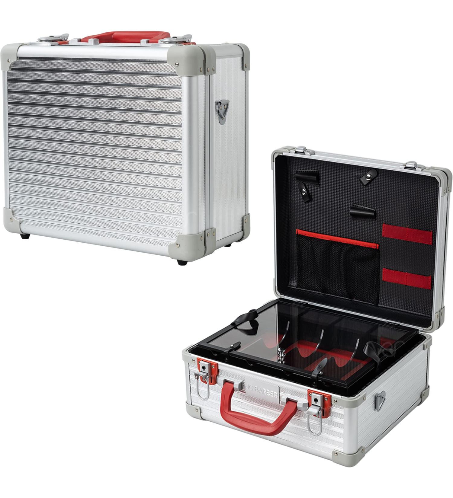 Professional Barber Case & Stylist Tool Box Organizer | Traveling Suitcase with Clippers Tray Storage for Shears Combs & Hairdresser Supplies - Silver Stripe - Buy Online on GoSupps.com