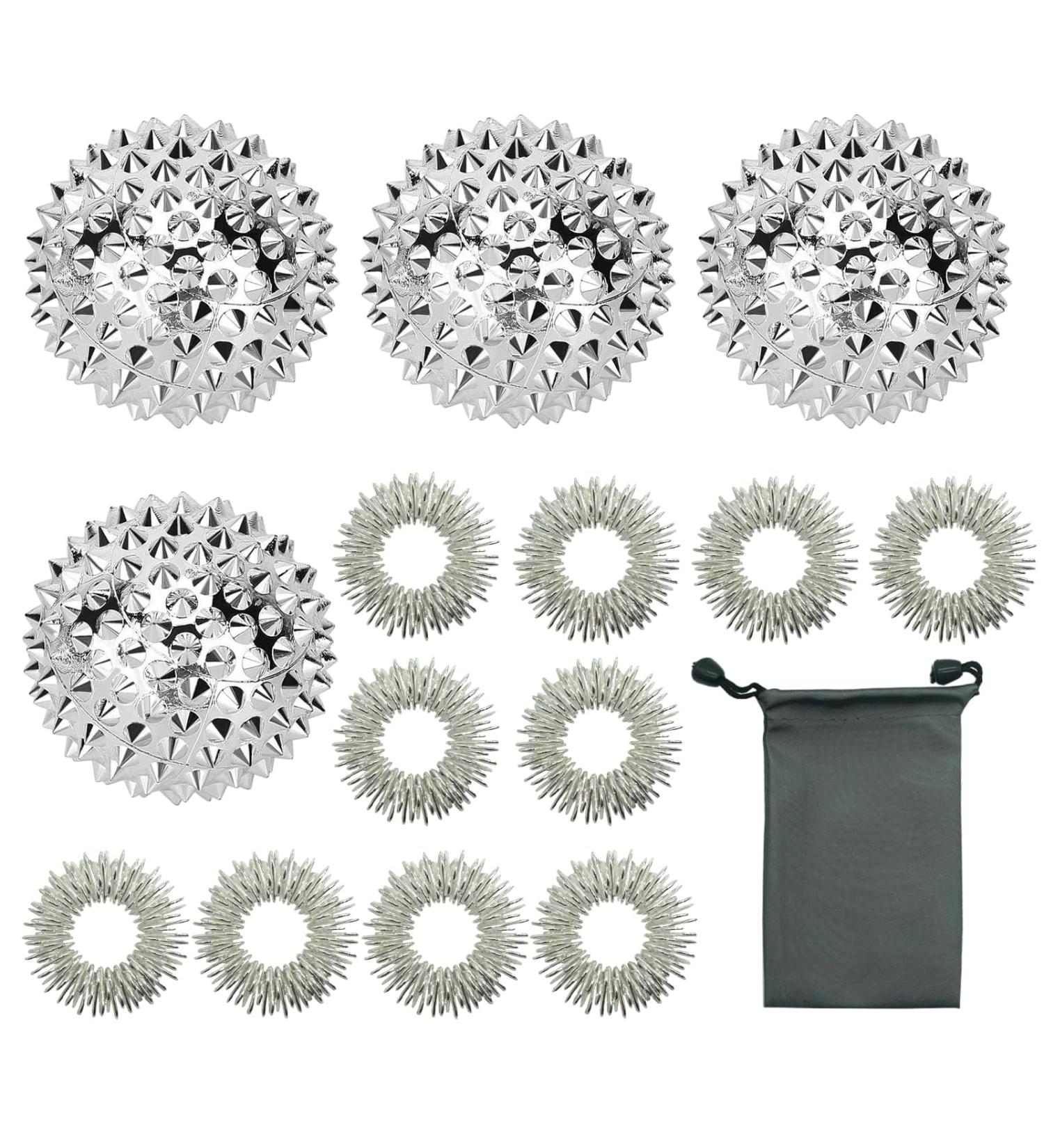 Xoelle 10-Piece Massage Rings & 4 Magnetic Acupressure Balls Set - Finger Massage Ring & Hedgehog Ball for Stress Relief & Circulation | International Shipping Available - Buy Online on GoSupps.com
