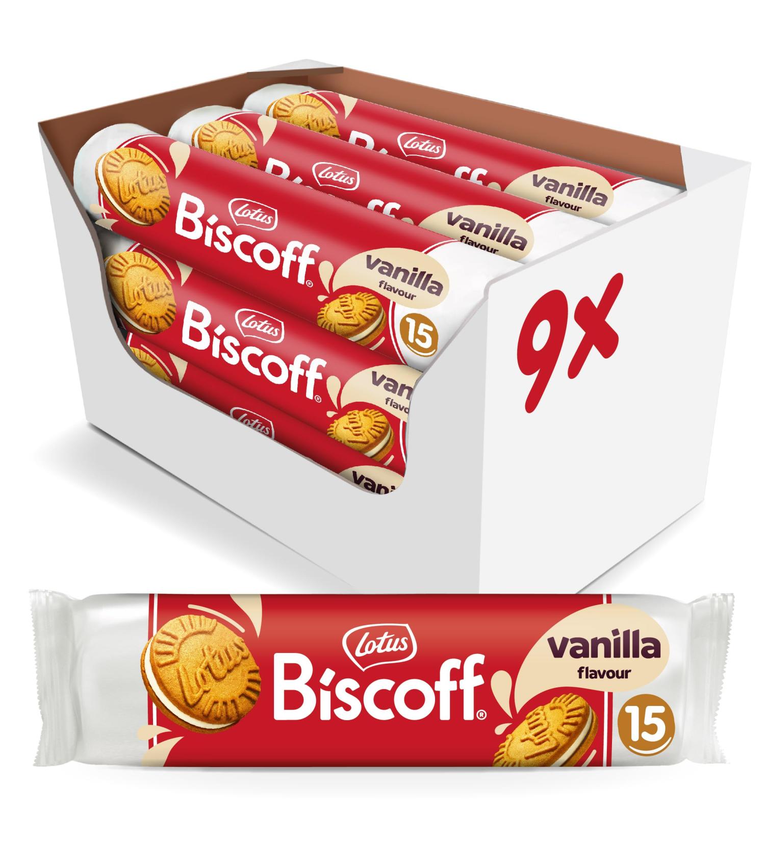 Lotus Biscoff Double Sandwich Biscuits - Vanilla Creme Filling | Vegan | 15 Pack (9 x 150g) | Unique Crispy Taste | No Added Flavors or Dyes | International Shipping Available - Buy Online on GoSupps.com