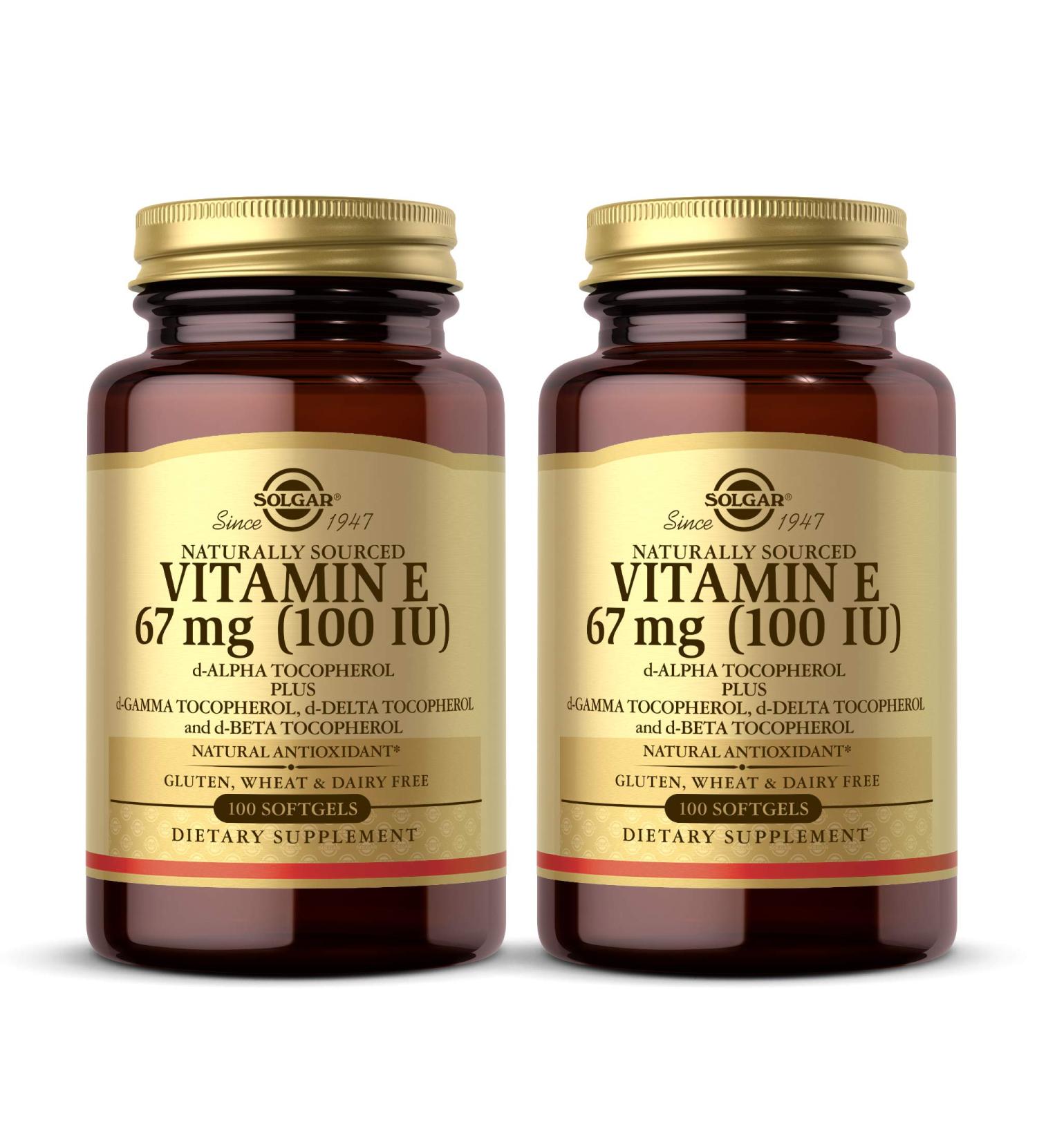 Solgar Vitamin E 67 mg (100 IU) Softgels - Pack of 2 | Antioxidant Support for Skin & Immune System | Naturally-Sourced, Gluten & Dairy Free | 200 Servings - Buy Online on GoSupps.com