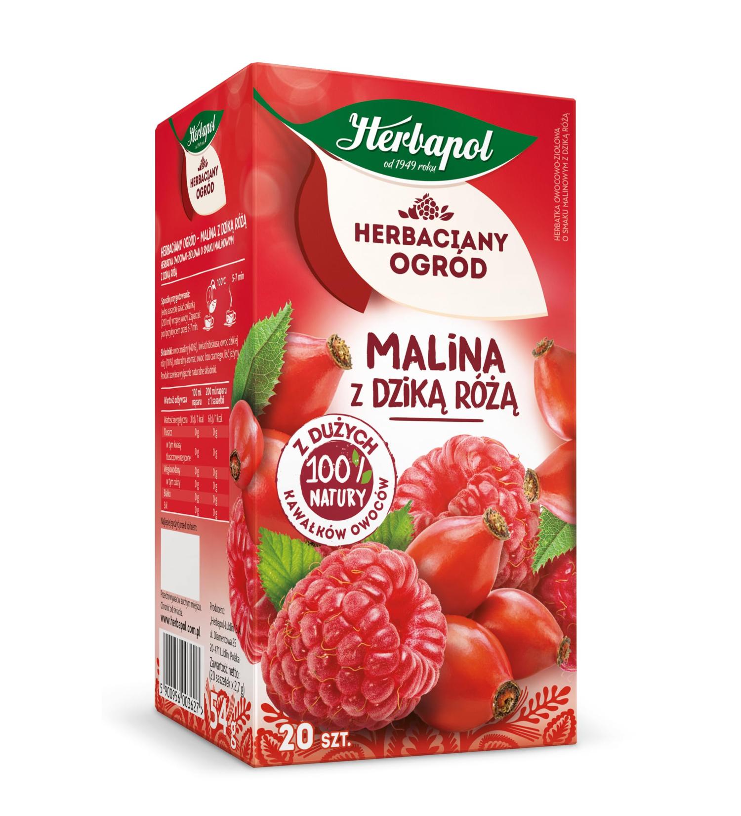 Raspberry & Rosehip Tea Natural Pure And Refreshing Herbal Fruit Infusion Herbapol Tea bags 20