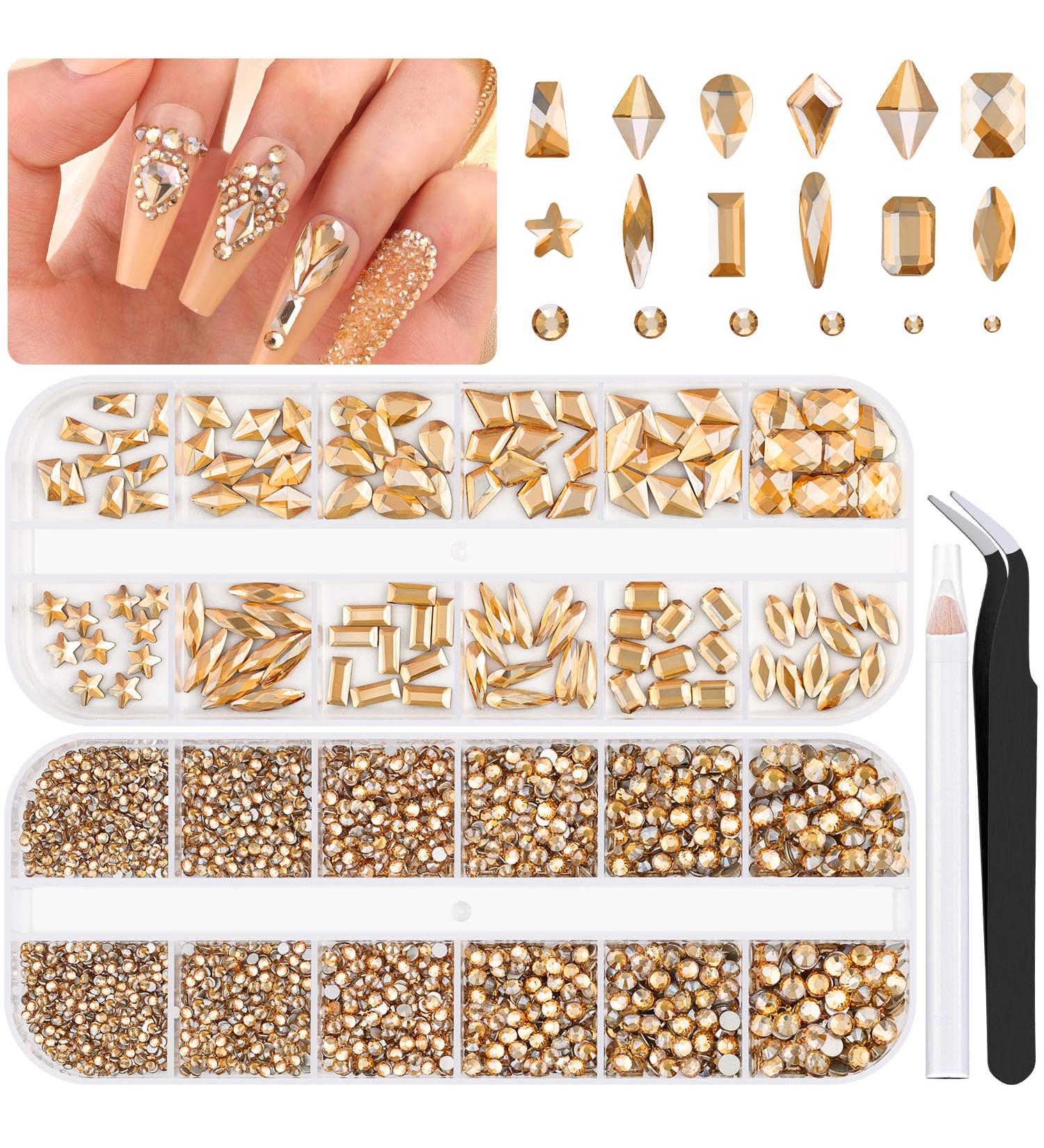 Champagne Gold Nail Rhinestones & Beads Set - 3220Pcs Flatback Gems & Round Beads for Nail Design Makeup & Acrylic Nails - A01-Champagne Gold-2 Boxes - Buy Online on GoSupps.com