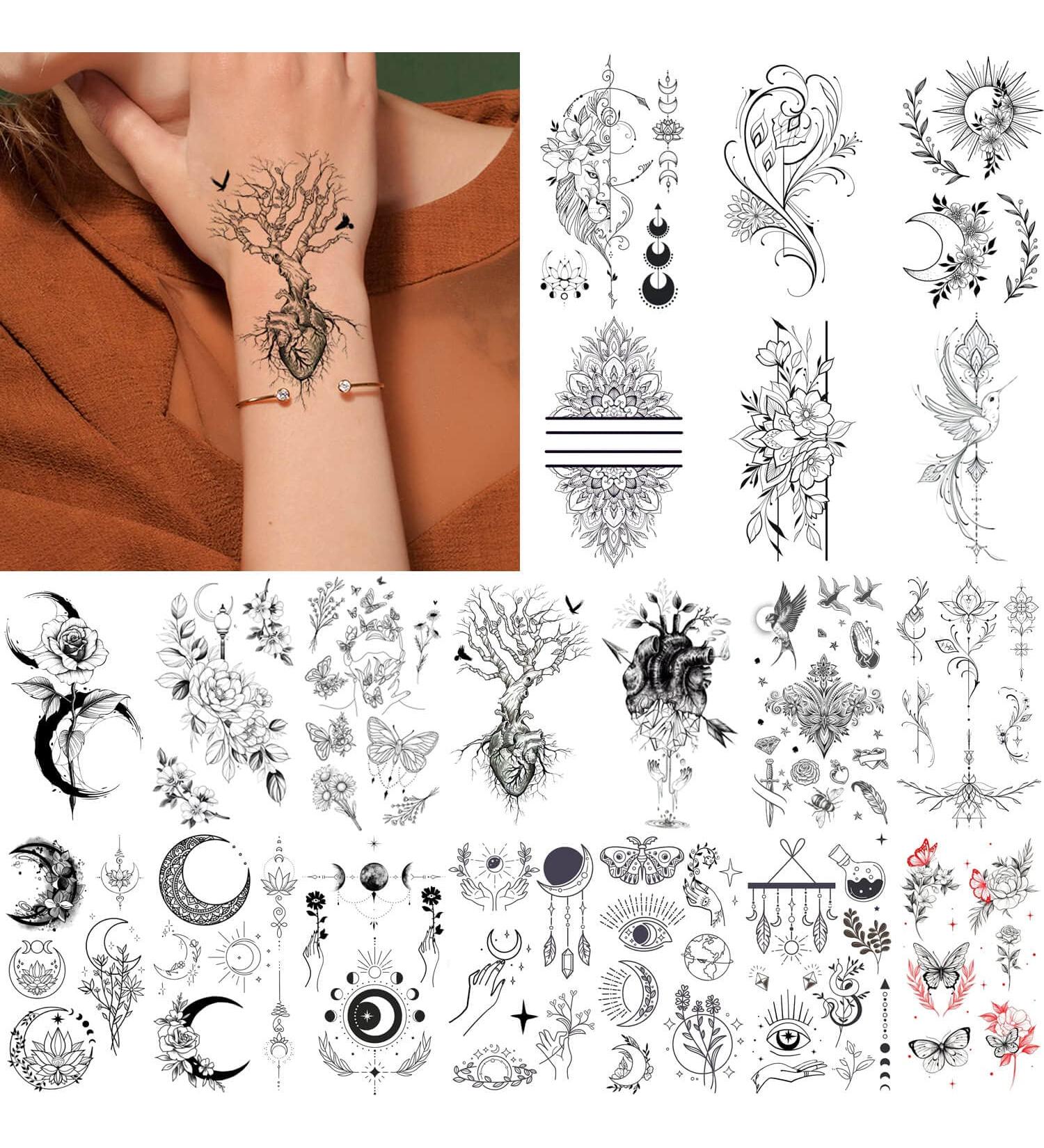 20 Sheets Black Tiny Temporary Tattoo Stickers for Men Women - Moon Butterfly Bird Flower Designs - Waterproof Body Art for Arm Neck Shoulder - Buy Online on GoSupps.com