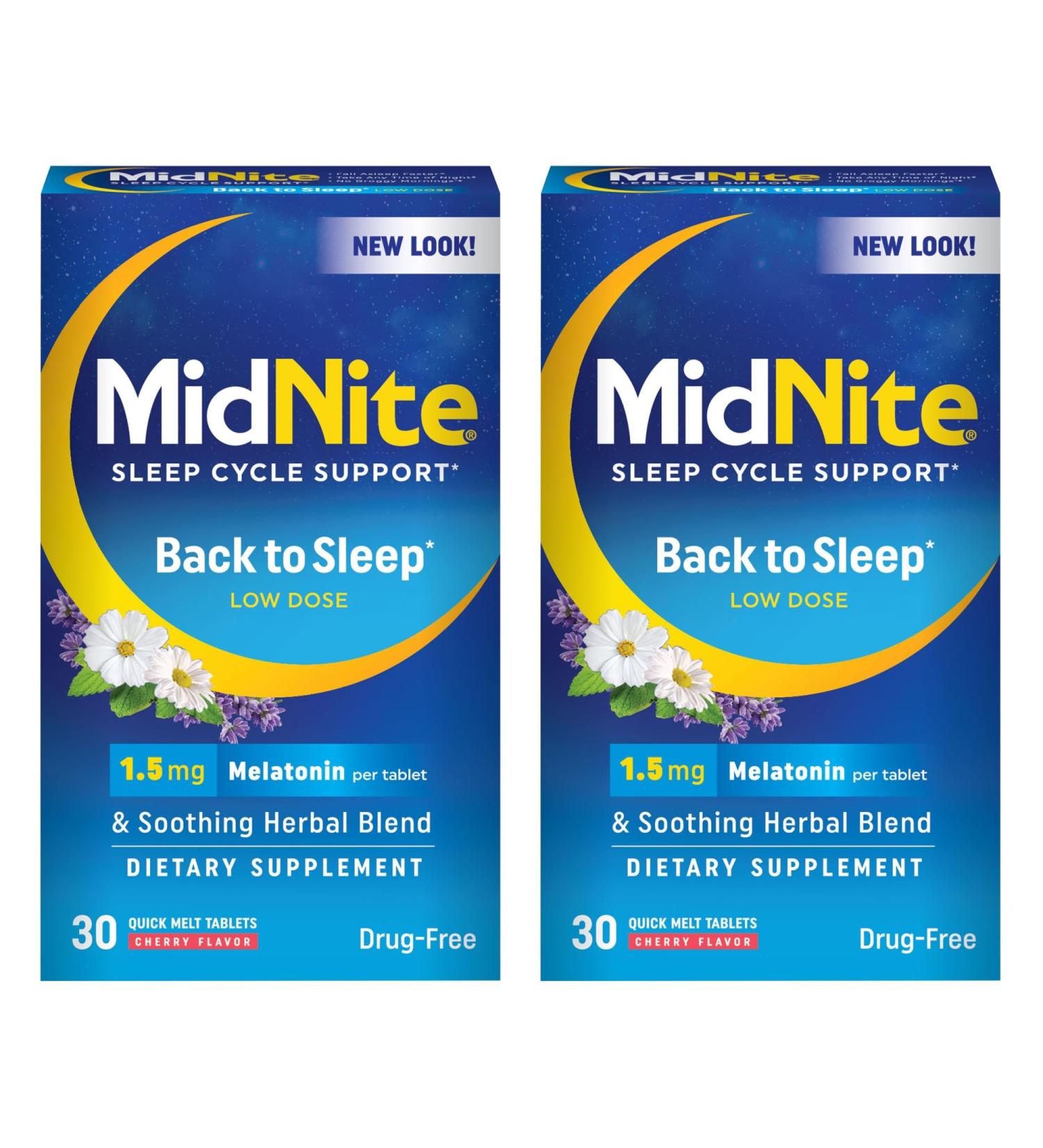 MidNite Back To Sleep Low Dose 1.5 mg Melatonin Sleep Aid Non-habit Forming Herbal Dietary Supplement For Adults Drug-free Gluten-free Lactose-free Vegetarian Vegan 30 Quick Melt Tablets 2 ct 30 Count (Pack of 2) - Buy Online on GoSupps.com