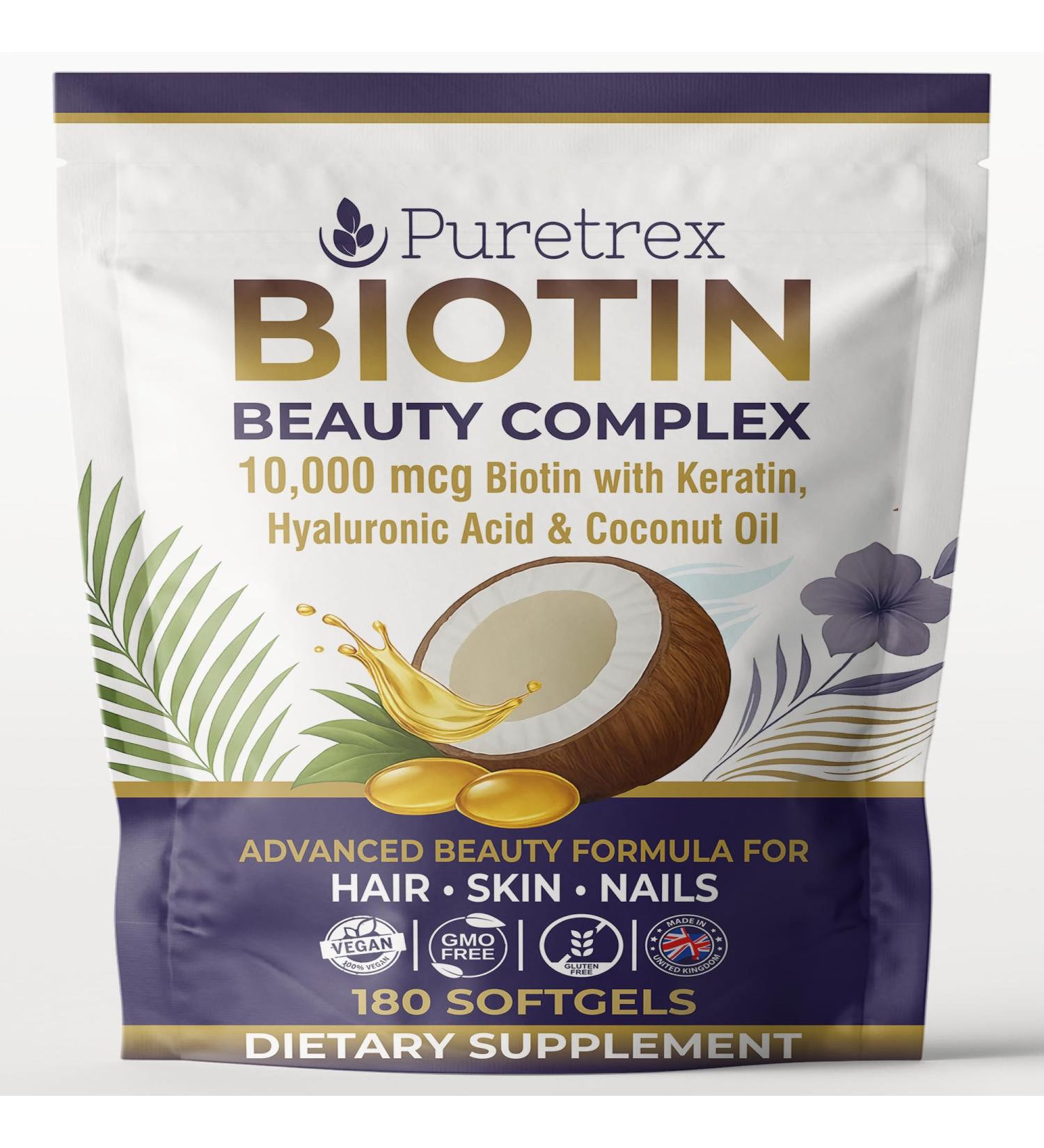 PURETREX Biotin 10,000mcg with Keratin, Hyaluronic Acid & Coconut Oil | 180 Advanced Softgels, Fast Absorption, 3 Month Supply | Supports Strong Hair, Skin & Nails | Non-GMO, Gluten-Free, UK Made - Buy Online on GoSupps.com