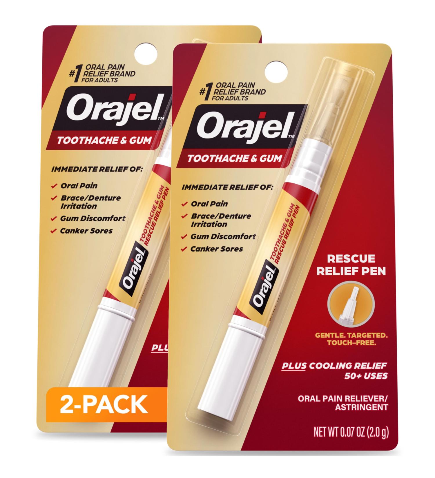 Orajel Rescue Relief Pen with Menthol Cooling Gel for Instant Pain Relief of Tooth & Gum, Mouth Sores, Braces and Denture Irritation, Touch-Free Silicone Applicator, 0.07 oz (2-Pack) 0.07 Ounce (Pack of 2) - Buy Online on GoSupps.com