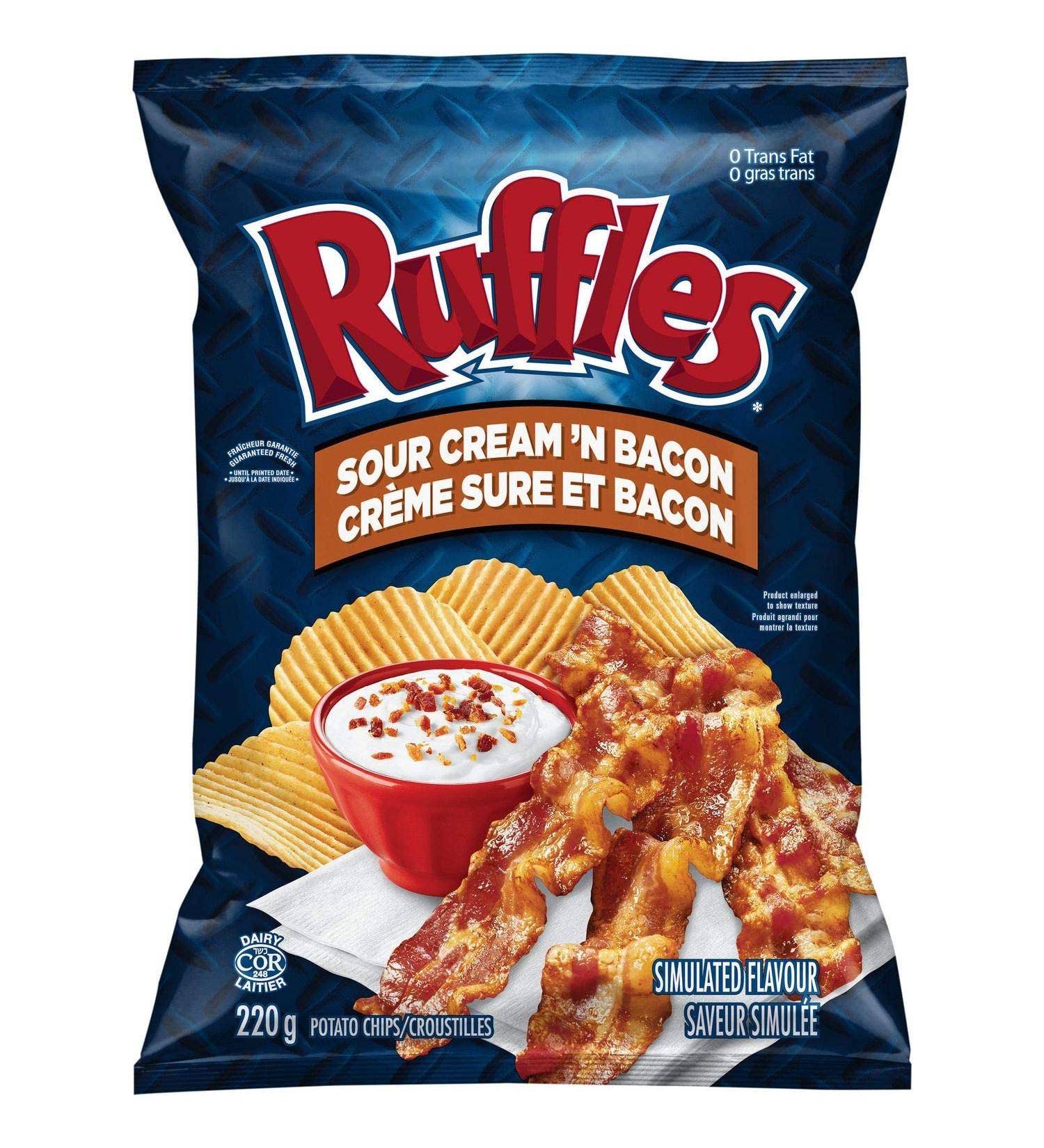 Lays Ruffles Sour Cream & Bacon Potato Chips, Large Bag, Imported from Canada Bacon 7.76 Ounce (Pack of 1)