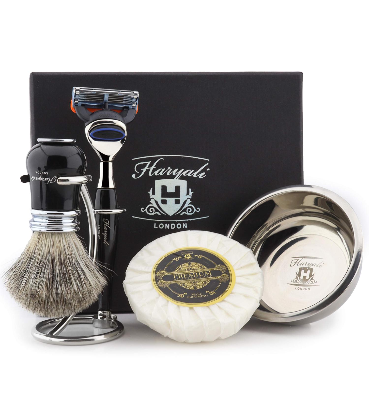 Haryali London Men's Shaving Set - 5 Razors Badger Hair Brush Stand Soap & Bowl - Premium Black Grooming Kit for International Shipping - Buy Online on GoSupps.com